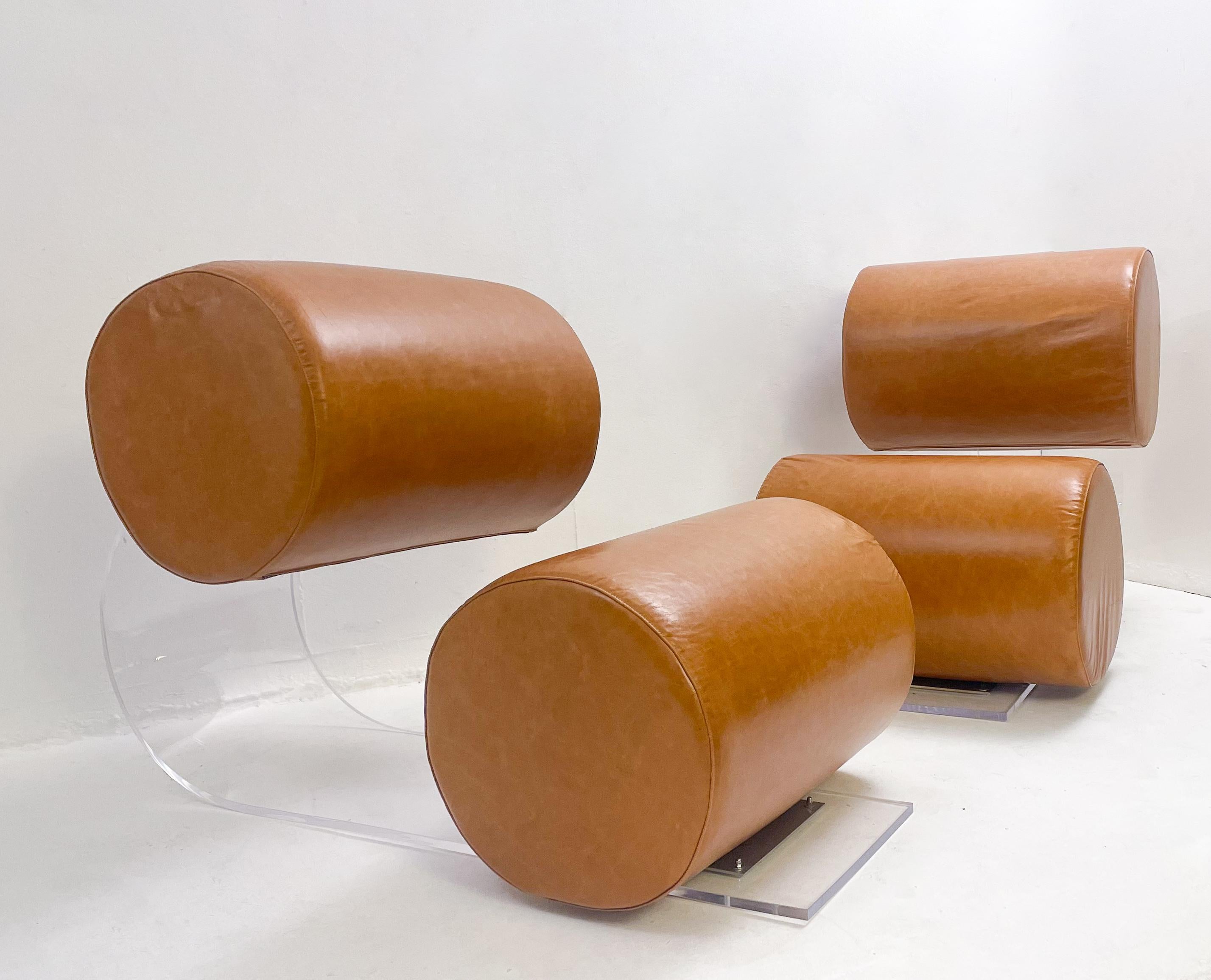  Pair of Cognac Armchairs by Marzio Cecchi, Plexiglas and Leather, 1970s In Good Condition For Sale In Brussels, BE
