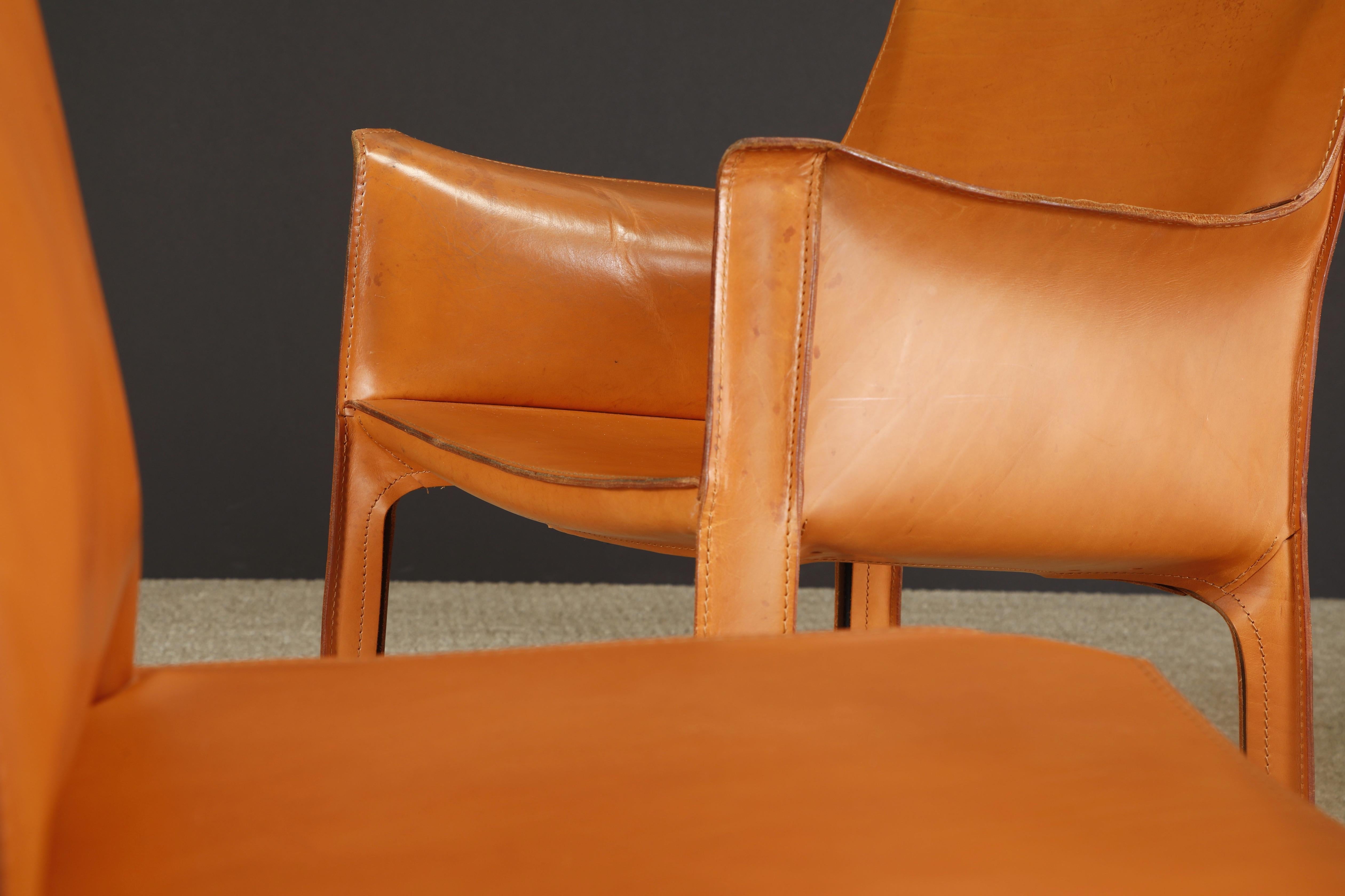 Mid-Century Modern Pair of Cognac Brown Leather Cab Armchairs by Mario Bellini for Cassina, Signed