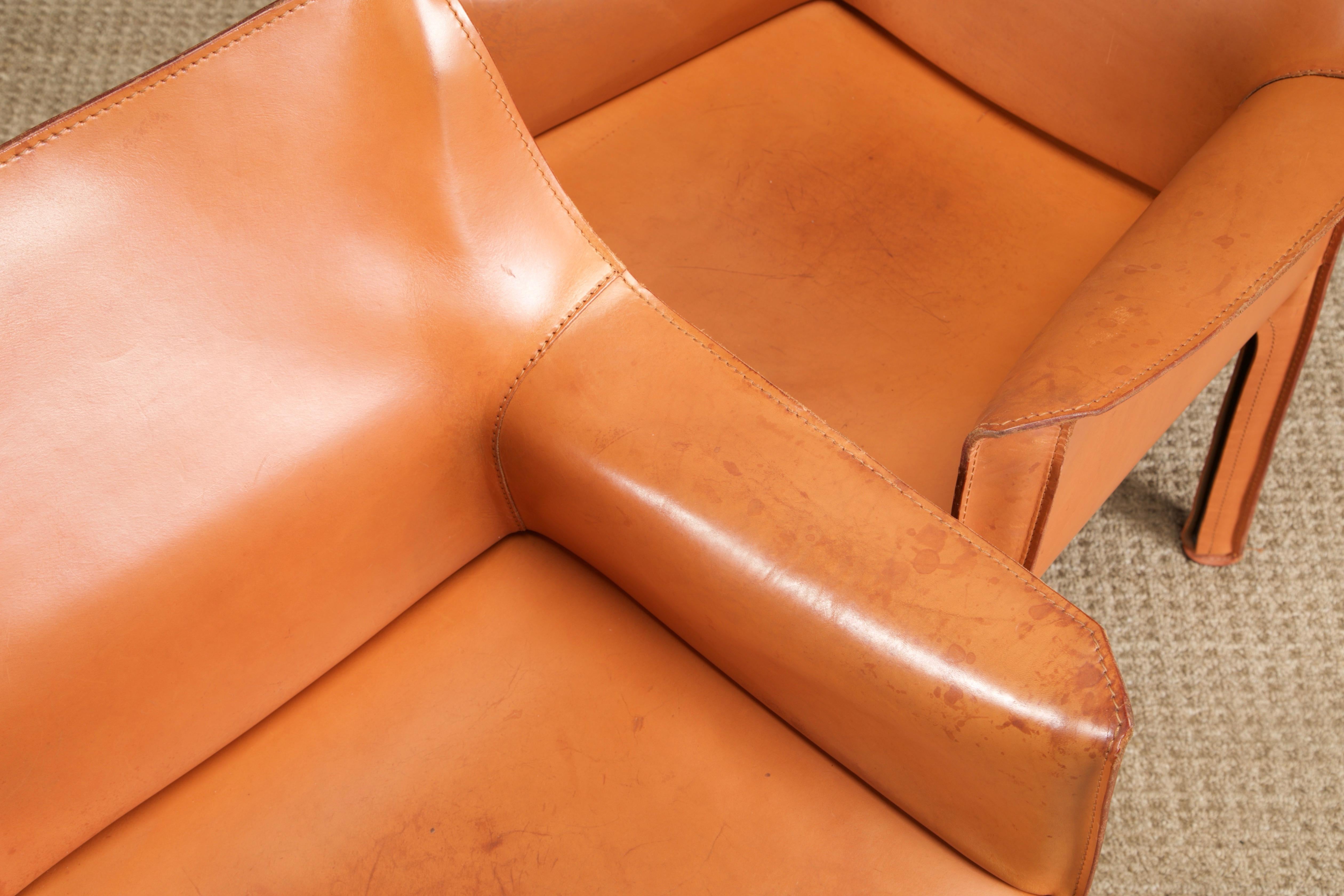 Italian Pair of Cognac Brown Leather Cab Armchairs by Mario Bellini for Cassina, Signed
