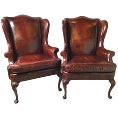 Vintage Pair of Cognac Brown Leather Wingback Chairs, Late 20th Century