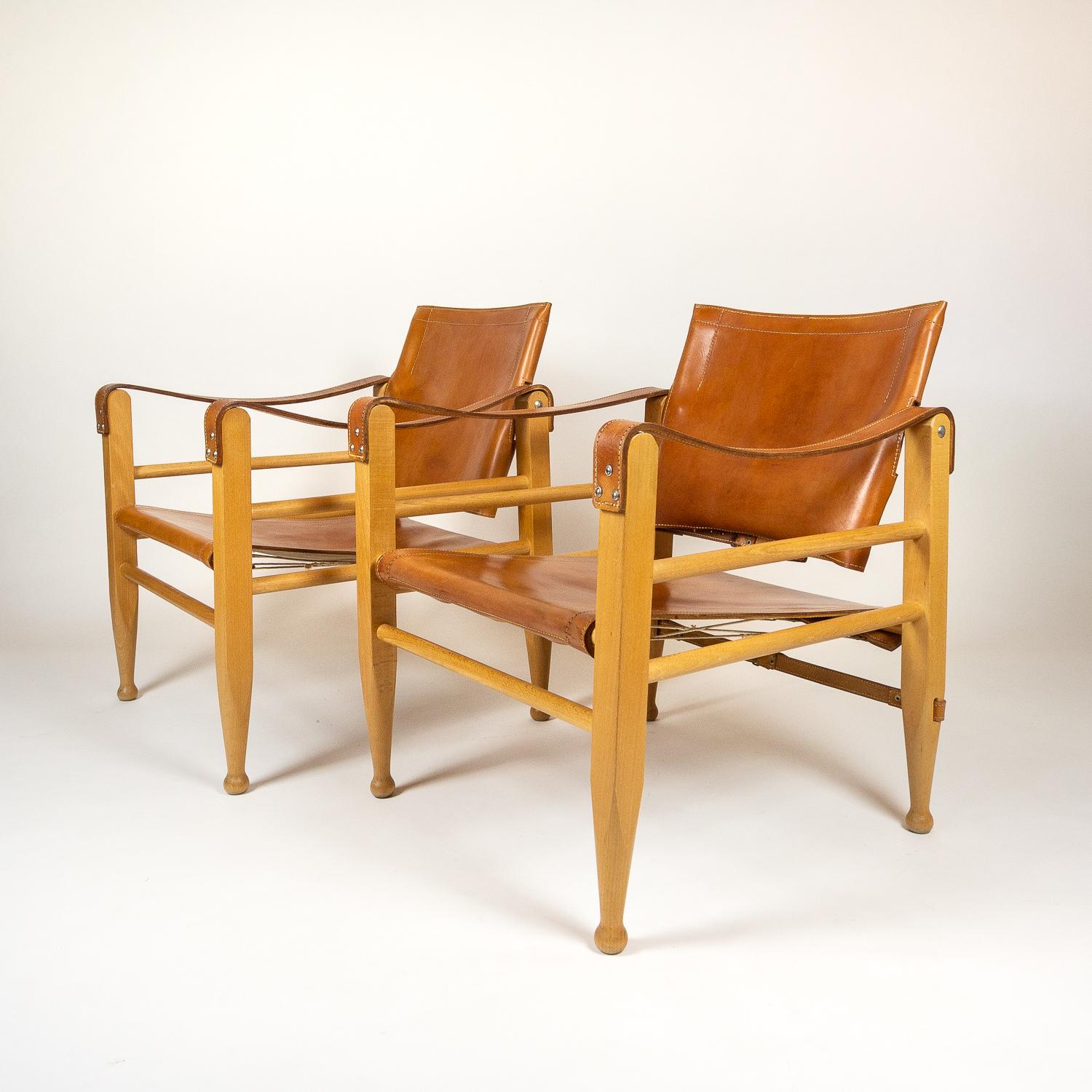 Mid-Century Modern Pair of Cognac Leather and Beech Aage Bruun Safari Chairs, Denmark, 1960s