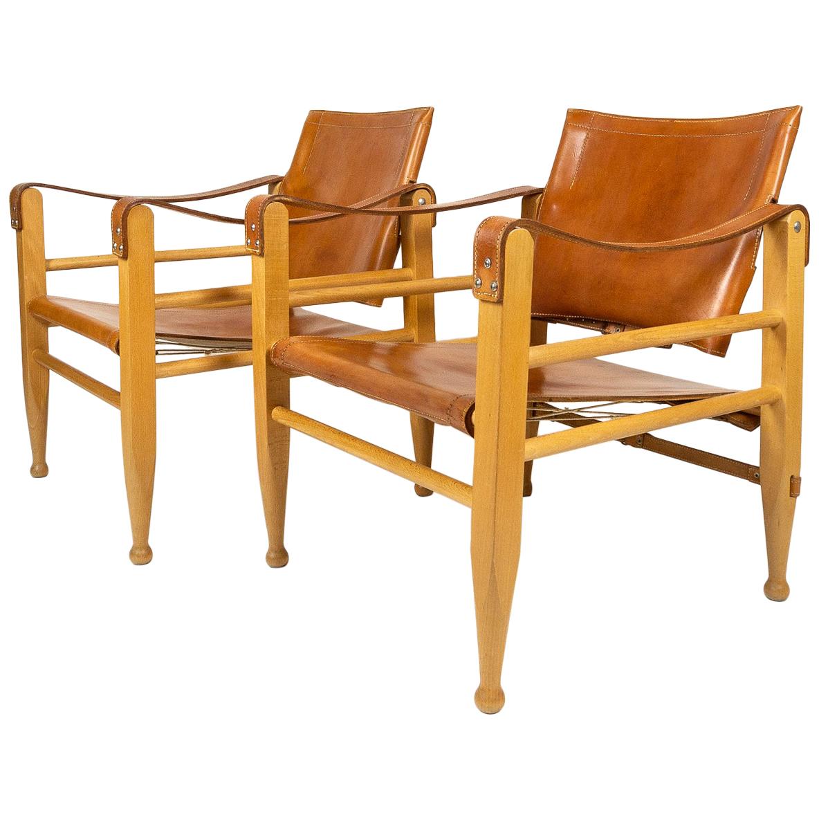 Pair of Cognac Leather and Beech Aage Bruun Safari Chairs, Denmark, 1960s