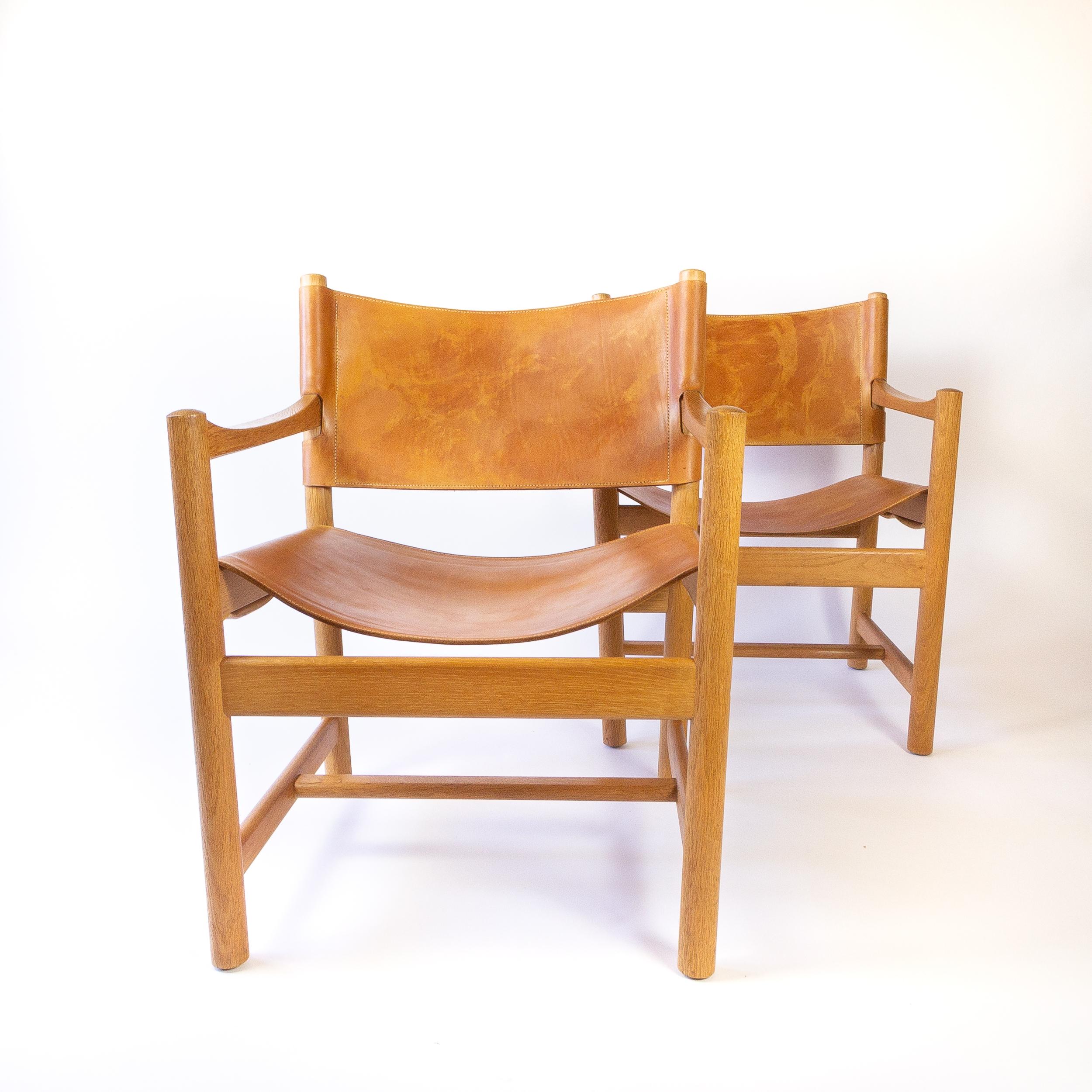 Pair of Cognac Leather and Oak Armchairs, Adrian & Ditte Heath for FDB, Denmark In Good Condition In Berkhamsted, GB