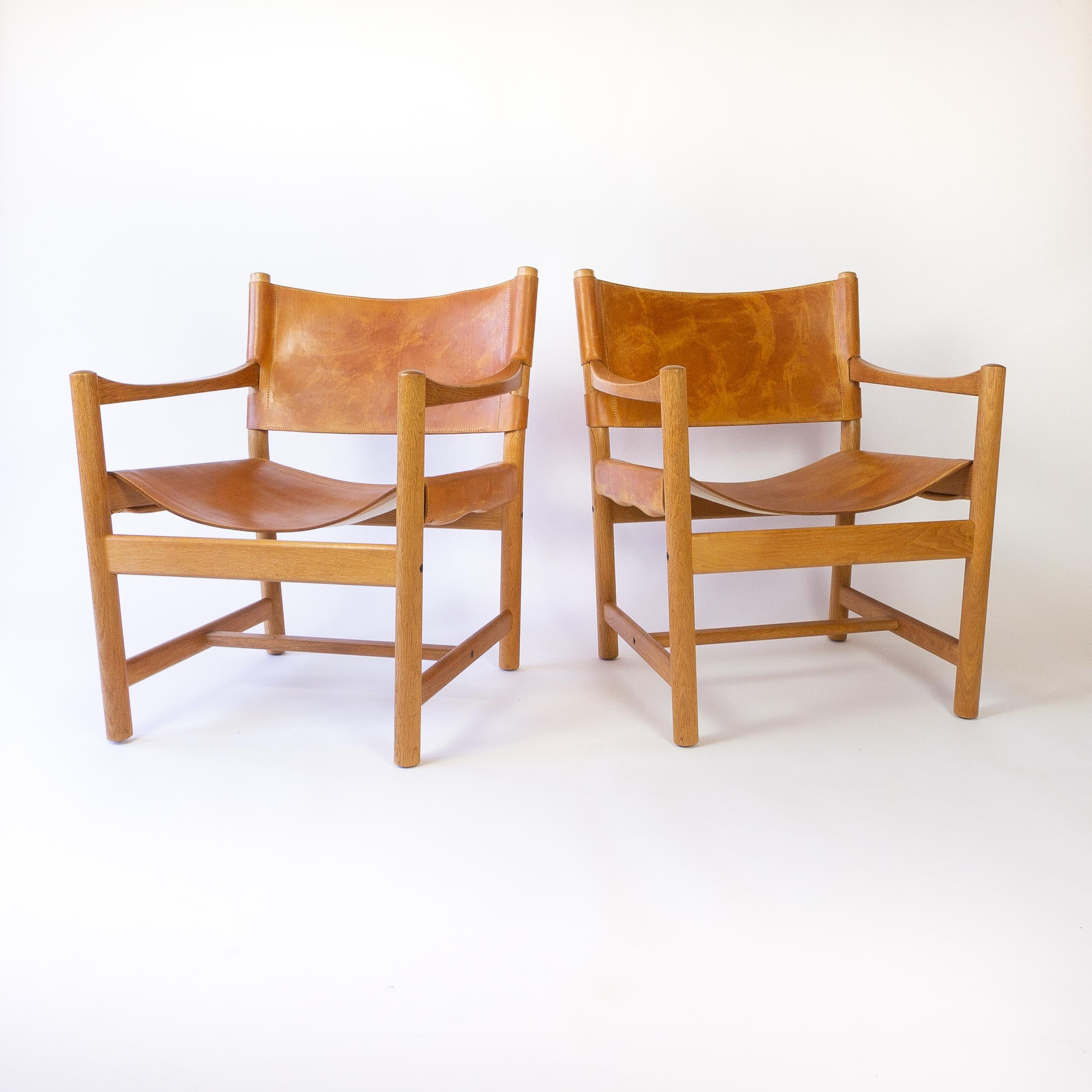 Pair of Cognac Leather and Oak Armchairs, Adrian & Ditte Heath for FDB, Denmark 1
