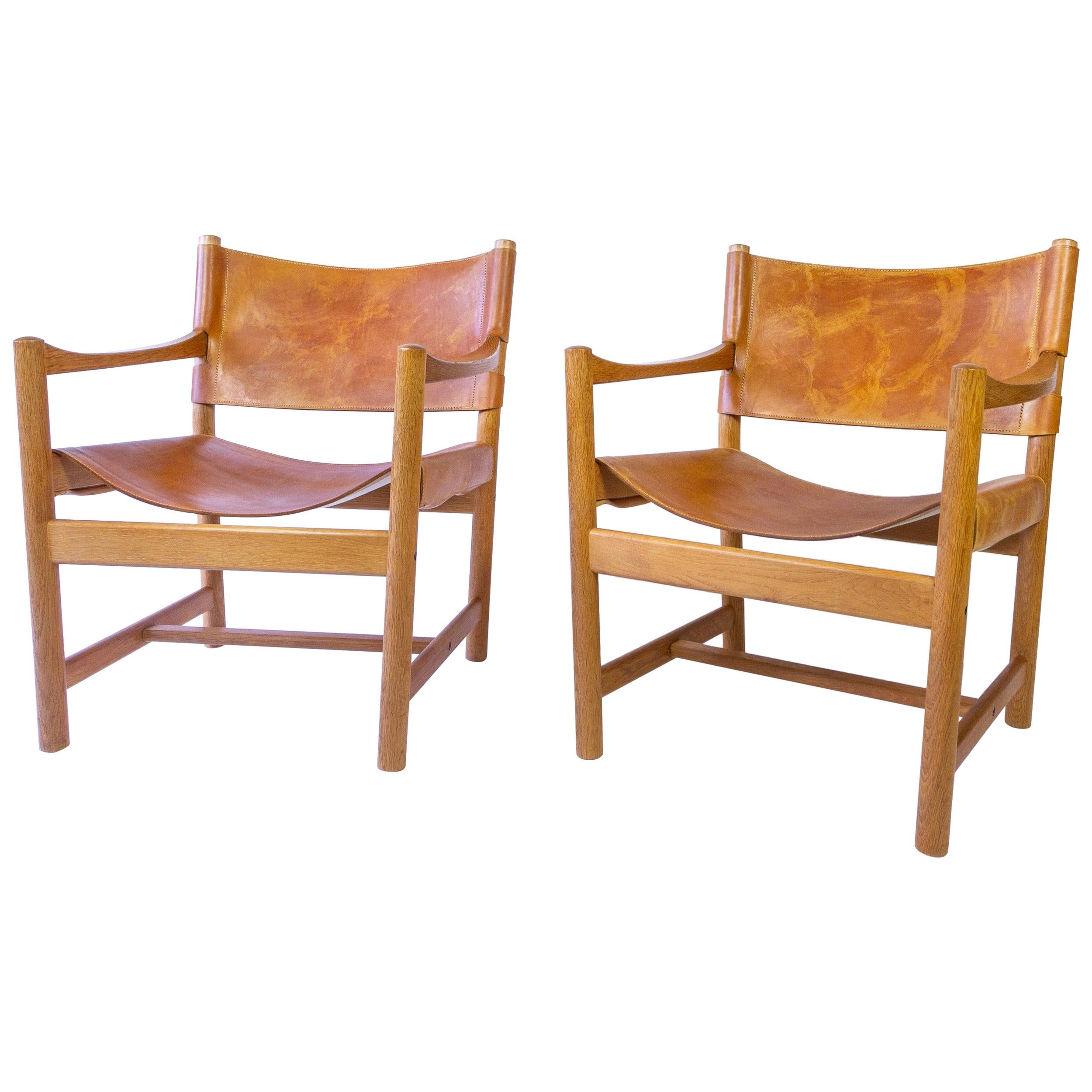Pair of Cognac Leather and Oak Armchairs, Adrian & Ditte Heath for FDB, Denmark