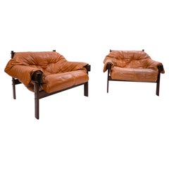 Pair of Cognac Leather and Wood Lounge Chairs by Percival Lafer for Lafer MP