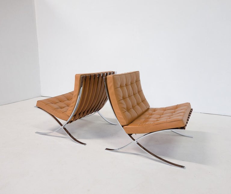 Pair of Cognac Leather Barcelona Chairs by Mies Van Der Rohe for Knoll, 1960s For Sale at 1stDibs
