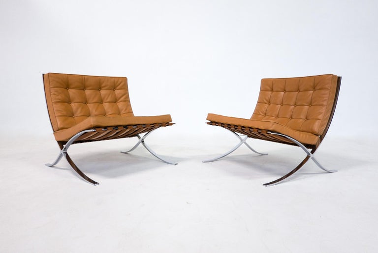 Pair of Cognac Leather Barcelona Chairs by Mies Van Der Rohe for Knoll, 1960s For Sale at 1stDibs