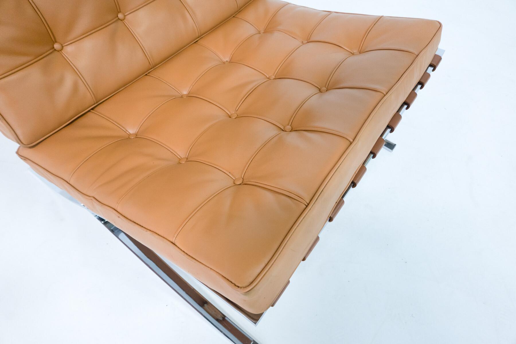 German Pair of Cognac Leather Barcelona Chairs by Mies Van Der Rohe for Knoll, 1960s For Sale