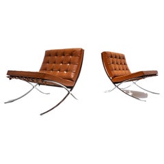 Pair of Cognac Leather Barcelona Chairs by Mies Van Der Rohe for Knoll, 1960s