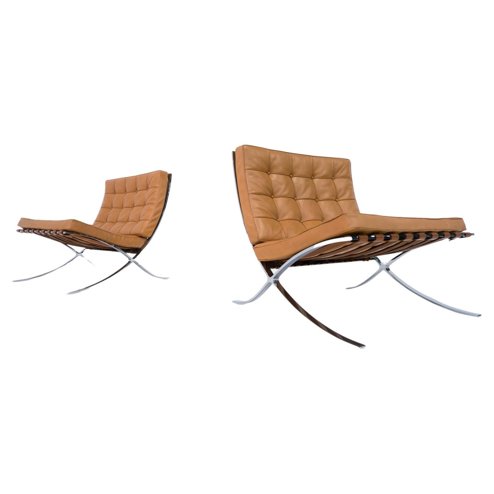 Pair of Cognac Leather Barcelona Chairs by Mies Van Der Rohe for Knoll, 1960s For Sale