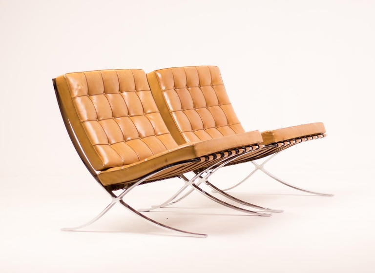 Pair of Cognac Leather Barcelona Chairs by Mies Van Der Rohe for Knoll For Sale at 1stdibs
