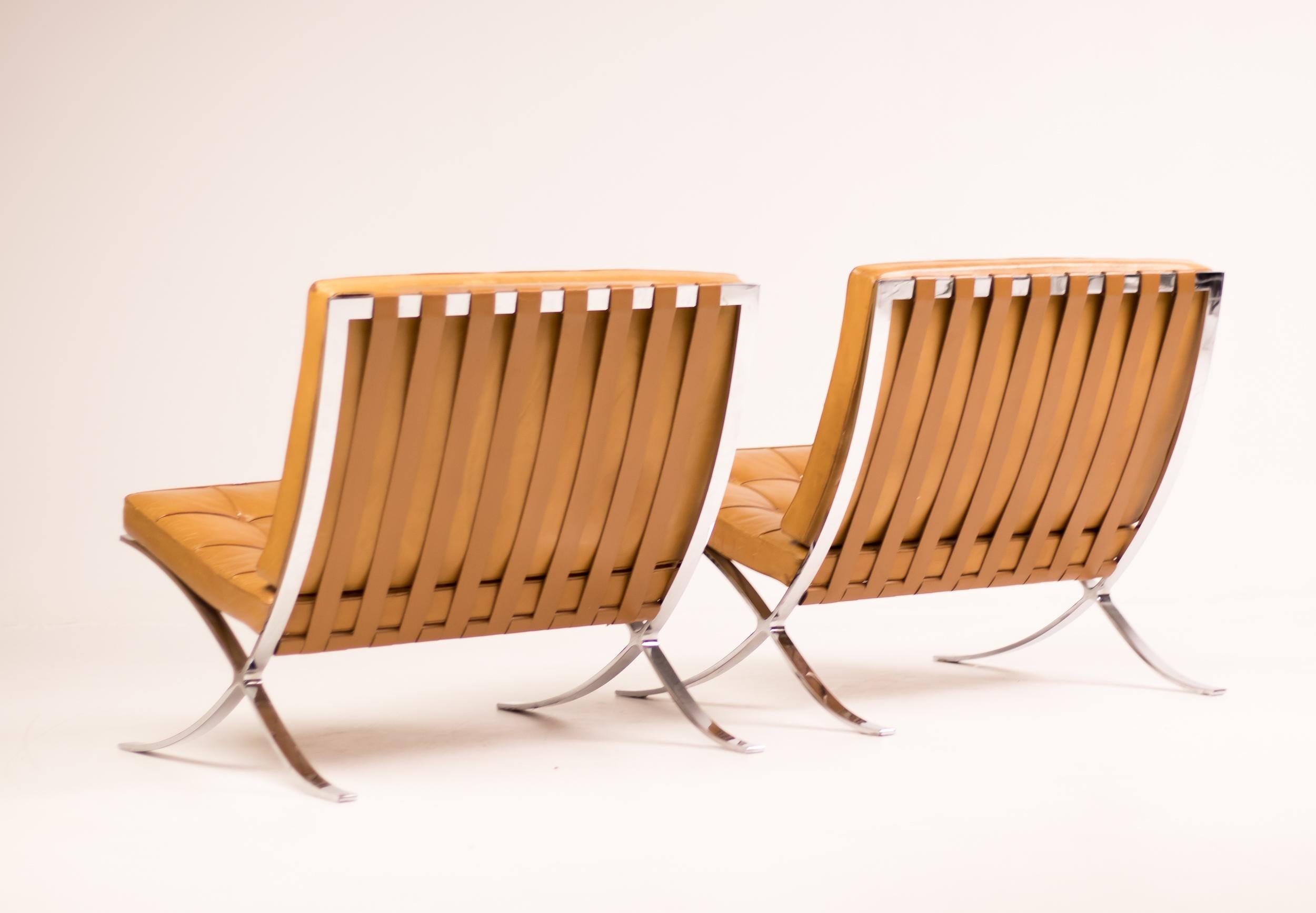Pair Of Cognac Leather Barcelona Chairs By Mies Van Der Rohe For