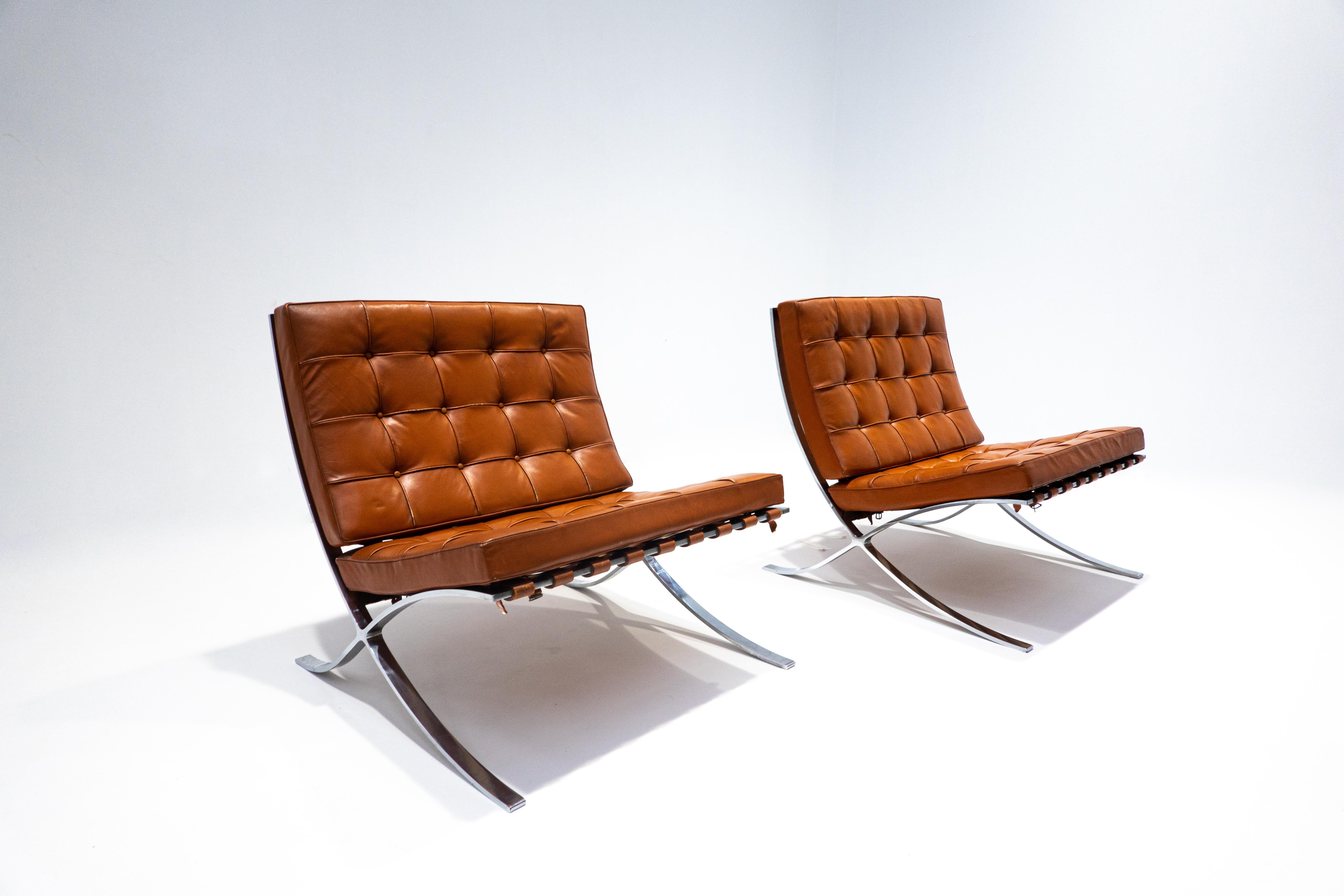 Pair of Cognac leather Barcelona chairs with ottoman by Mies Van Der Rohe for Knoll, 1960s.
