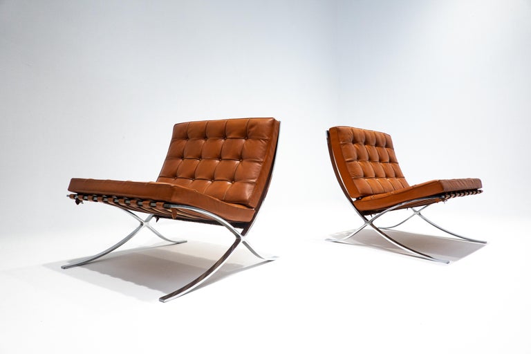 Pair of Cognac Leather Barcelona Chairs with Ottoman for Knoll, 1960s at 1stDibs barcelona