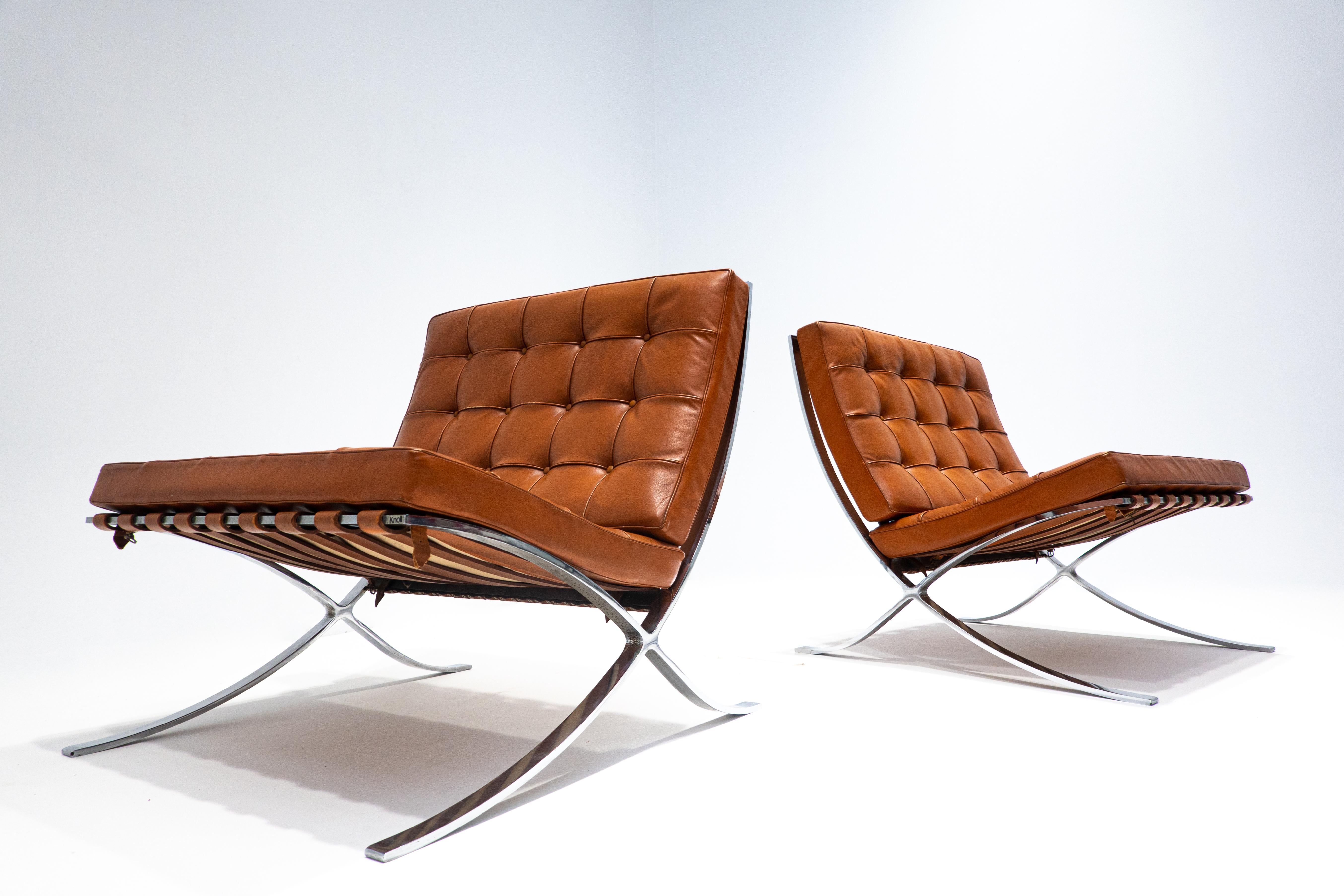 Mid-Century Modern Pair of Cognac Leather Barcelona Chairs with Ottoman for Knoll, 1960s