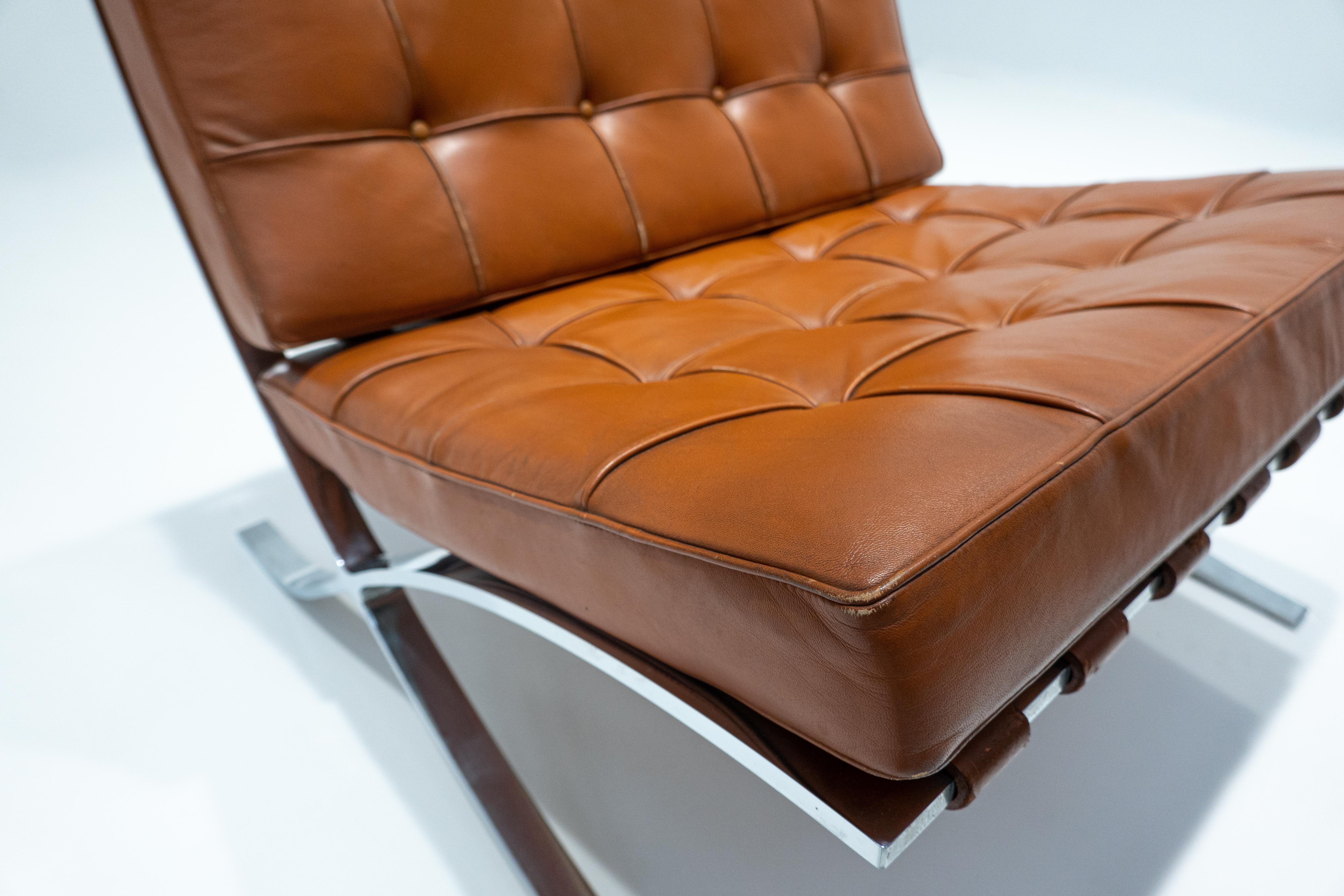 Pair of Cognac Leather Barcelona Chairs with Ottoman for Knoll, 1960s 3
