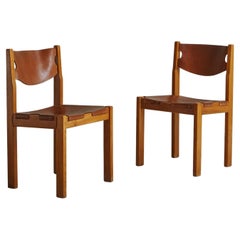 Pair of Cognac Leather Dining Chairs Attributed to Maison Regain, France 1970s