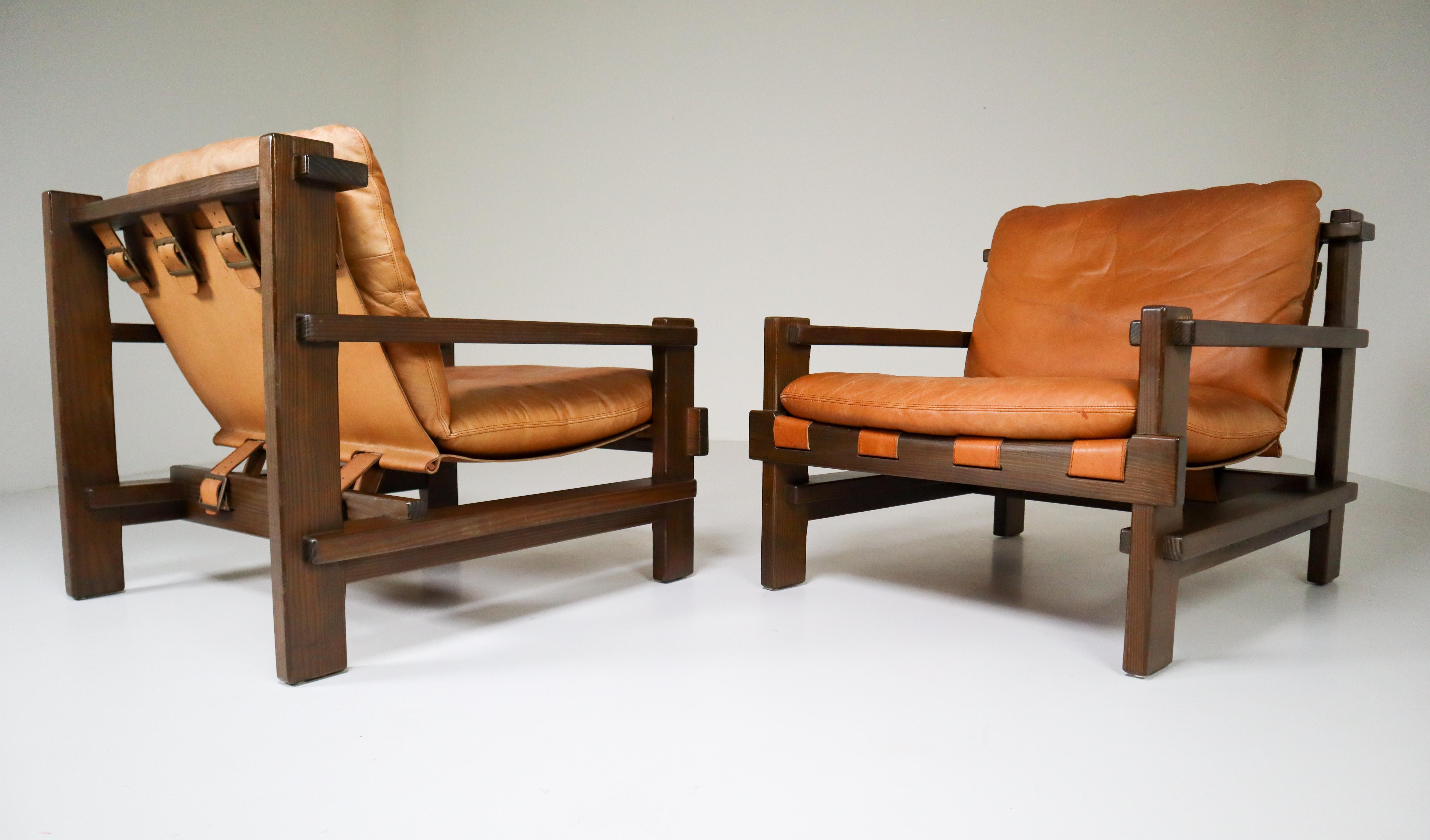 Pair of Cognac Leather lounge Chairs by Carl Straub Germany, 1960s 6
