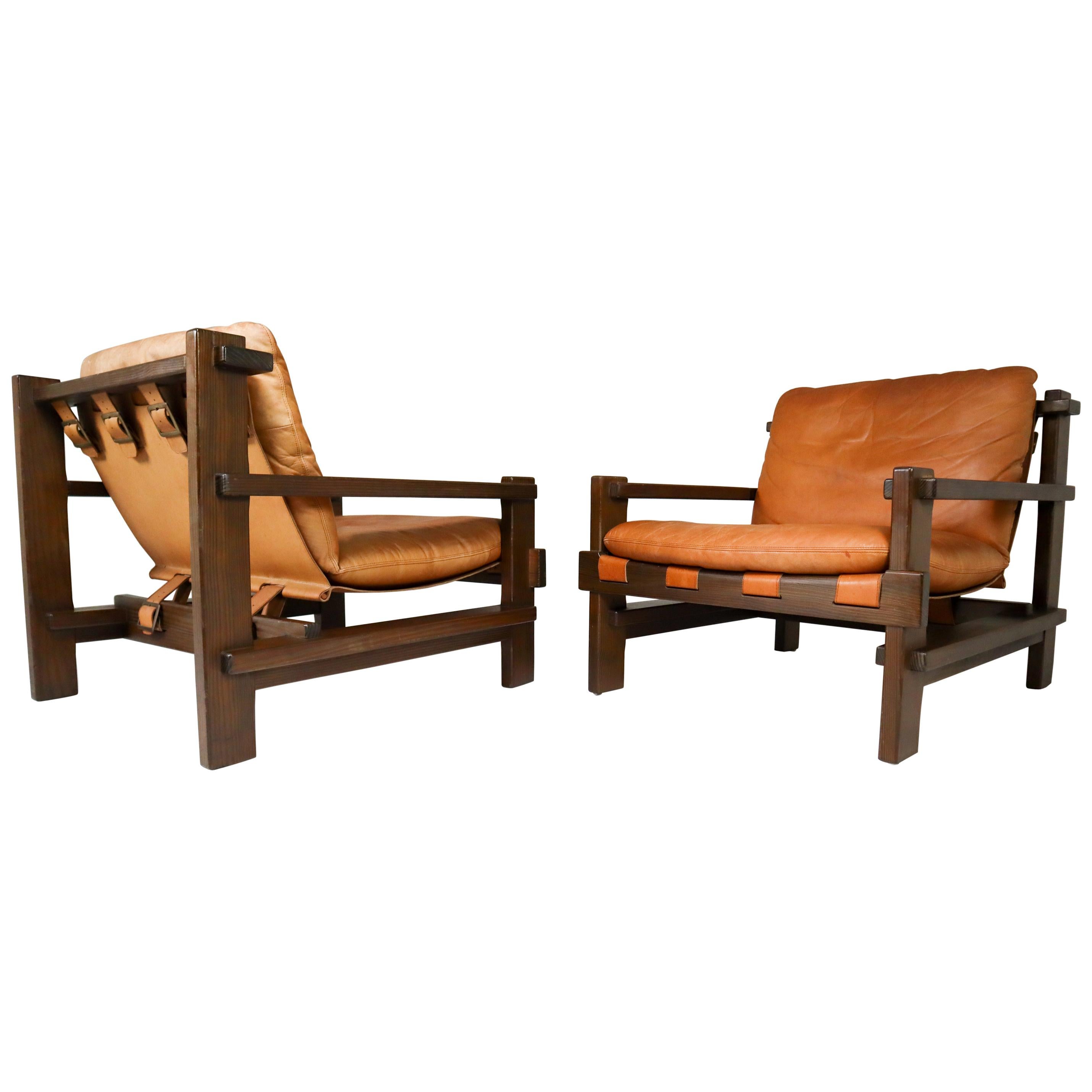Pair of Cognac Leather lounge Chairs by Carl Straub Germany, 1960s