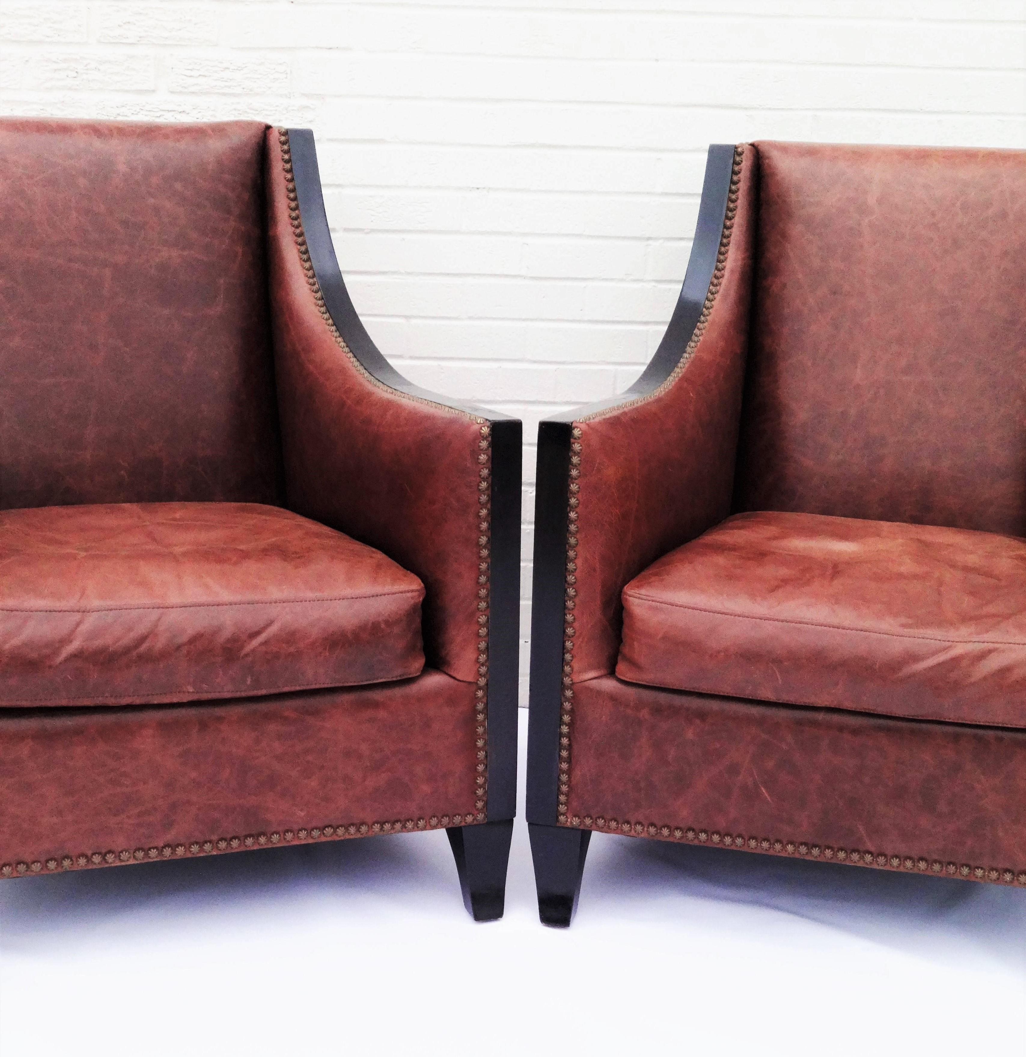 Art Deco Pair of Cognac Leather Lounge Chairs