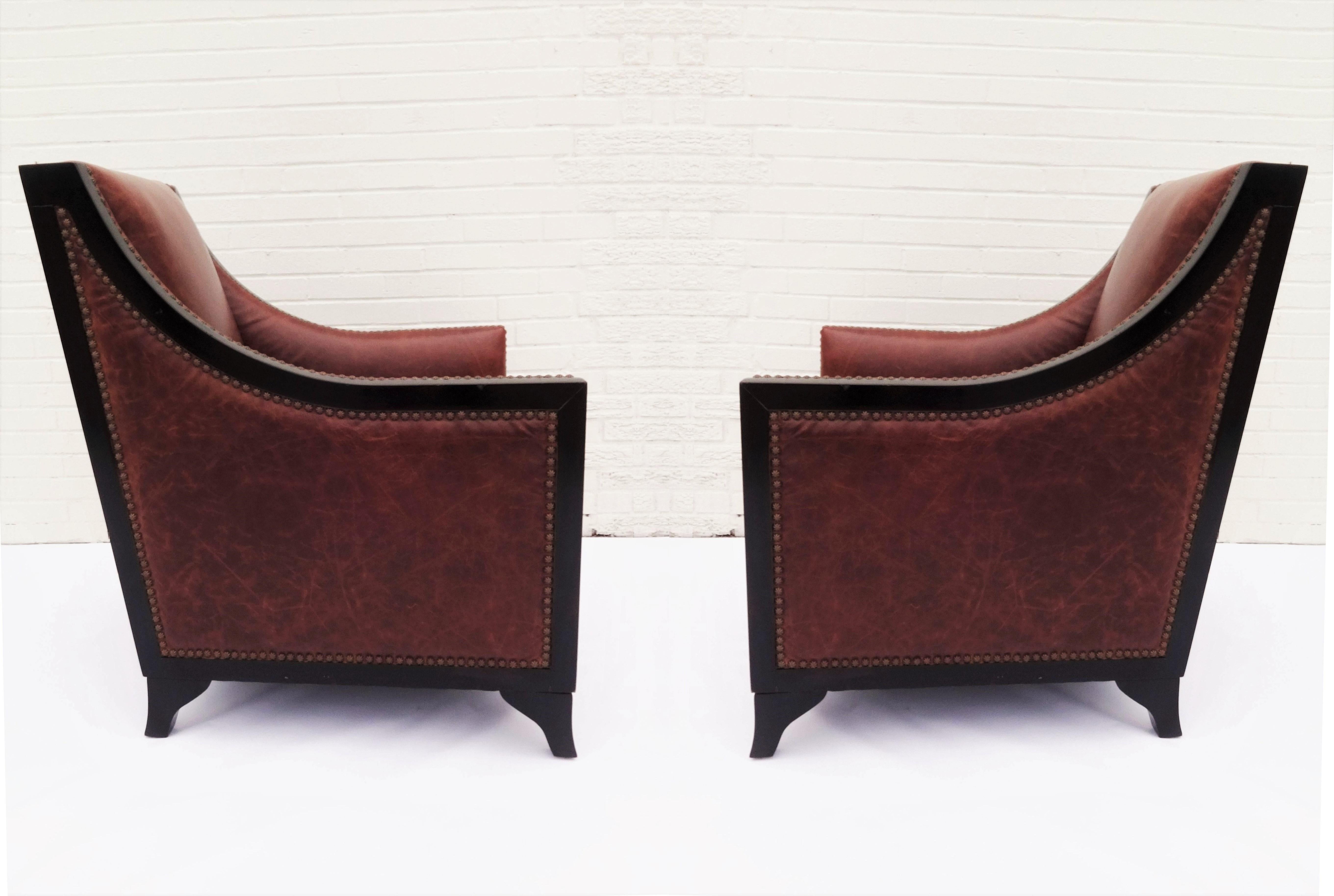 Lacquered Pair of Cognac Leather Lounge Chairs