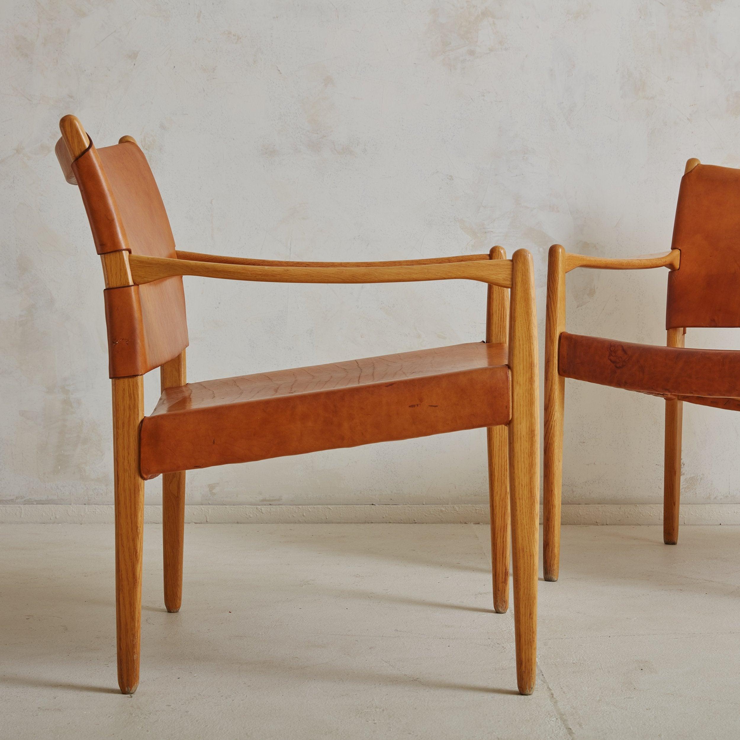 Mid-Century Modern Pair of Cognac Leather + Oak ‘Premiär 69’ Armchairs by Per-Olof Scotte for IKEA For Sale