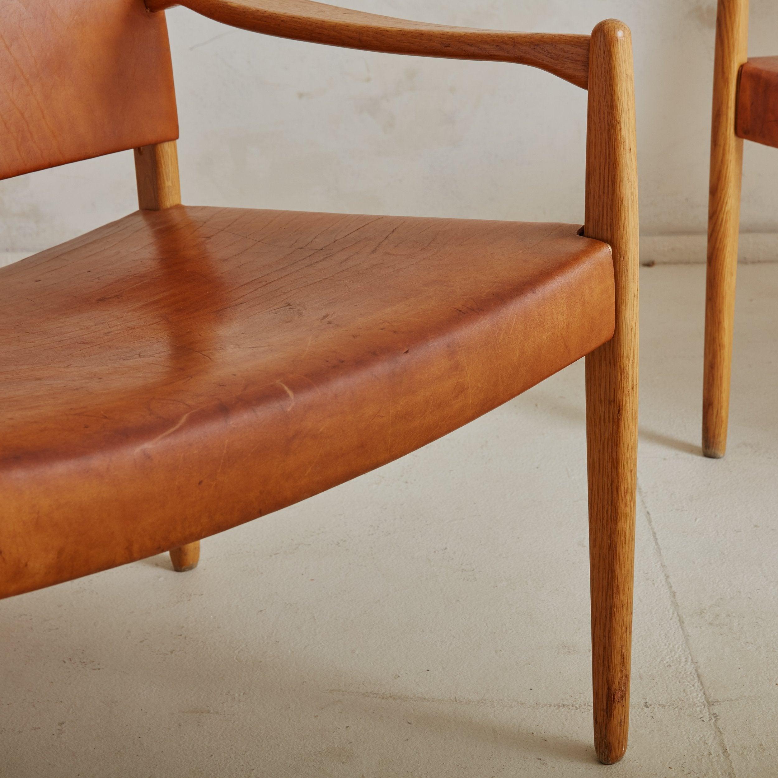 Pair of Cognac Leather + Oak ‘Premiär 69’ Armchairs by Per-Olof Scotte for IKEA In Good Condition For Sale In Chicago, IL