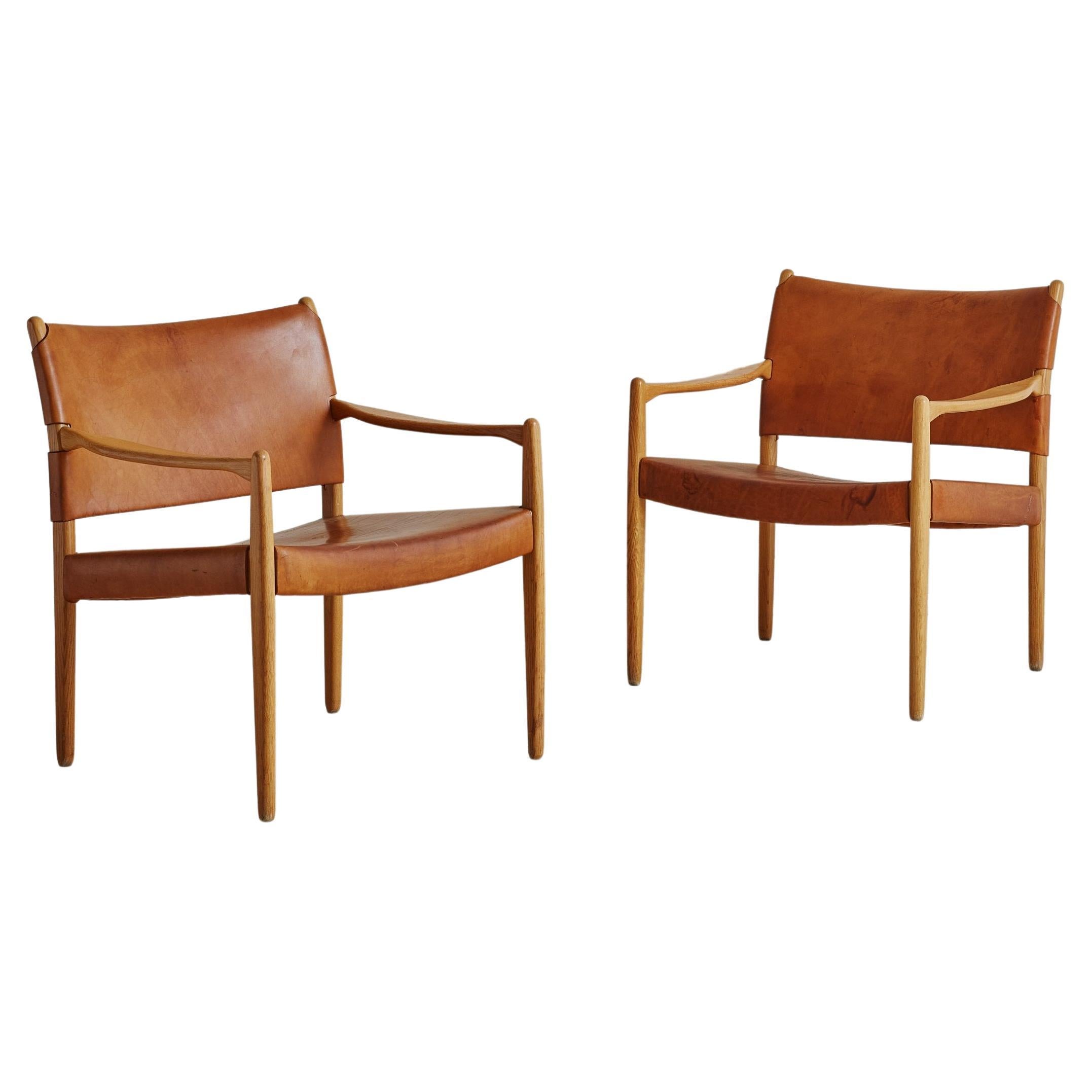 Pair of Cognac Leather + Oak ‘Premiär 69’ Armchairs by Per-Olof Scotte for IKEA