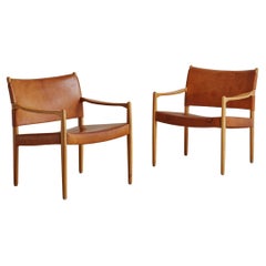 Vintage Pair of Cognac Leather + Oak ‘Premiär 69’ Armchairs by Per-Olof Scotte for IKEA