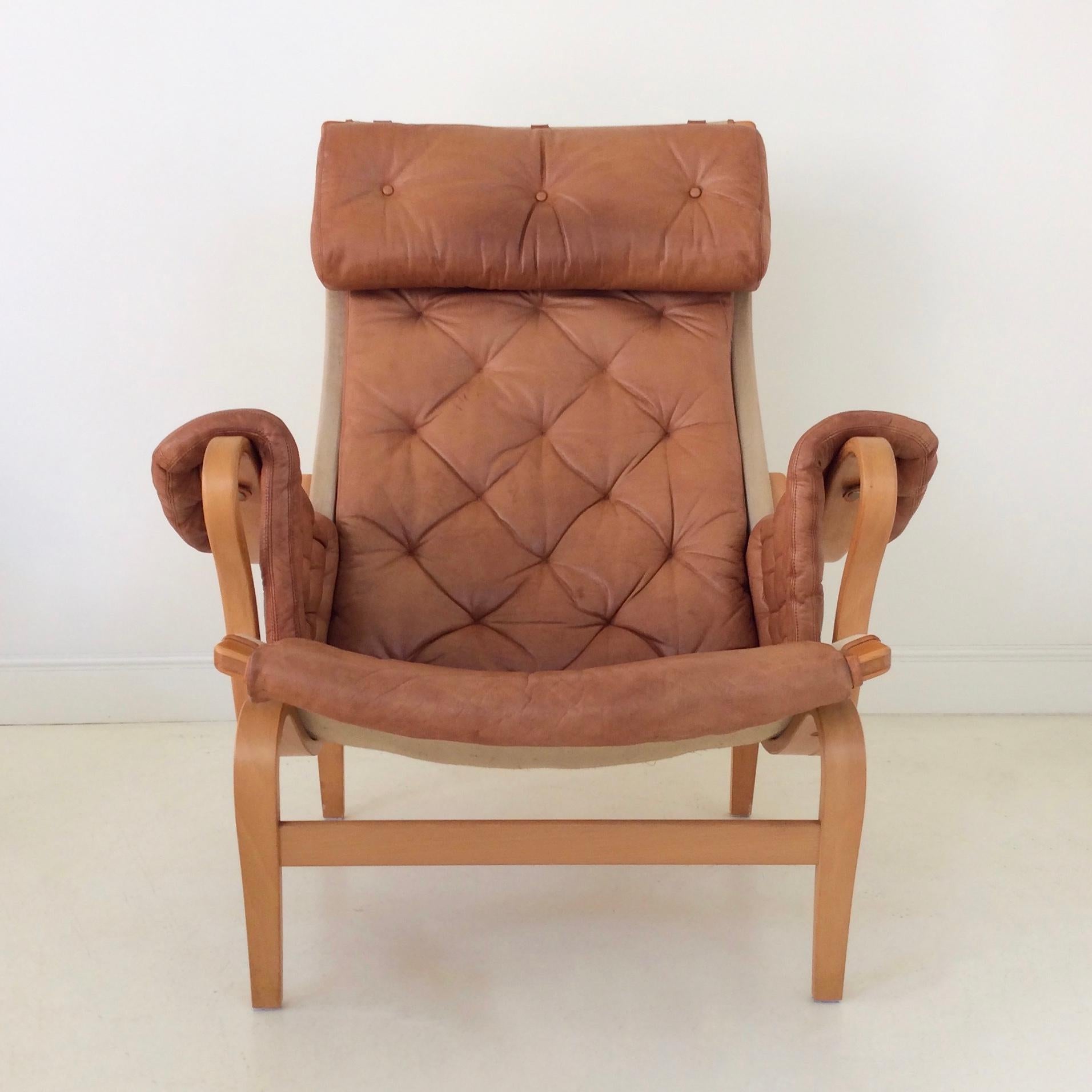 Pair of Cognac Leather Pernilla Armchairs by Bruno Mathsson, Sweden, circa 1970 4