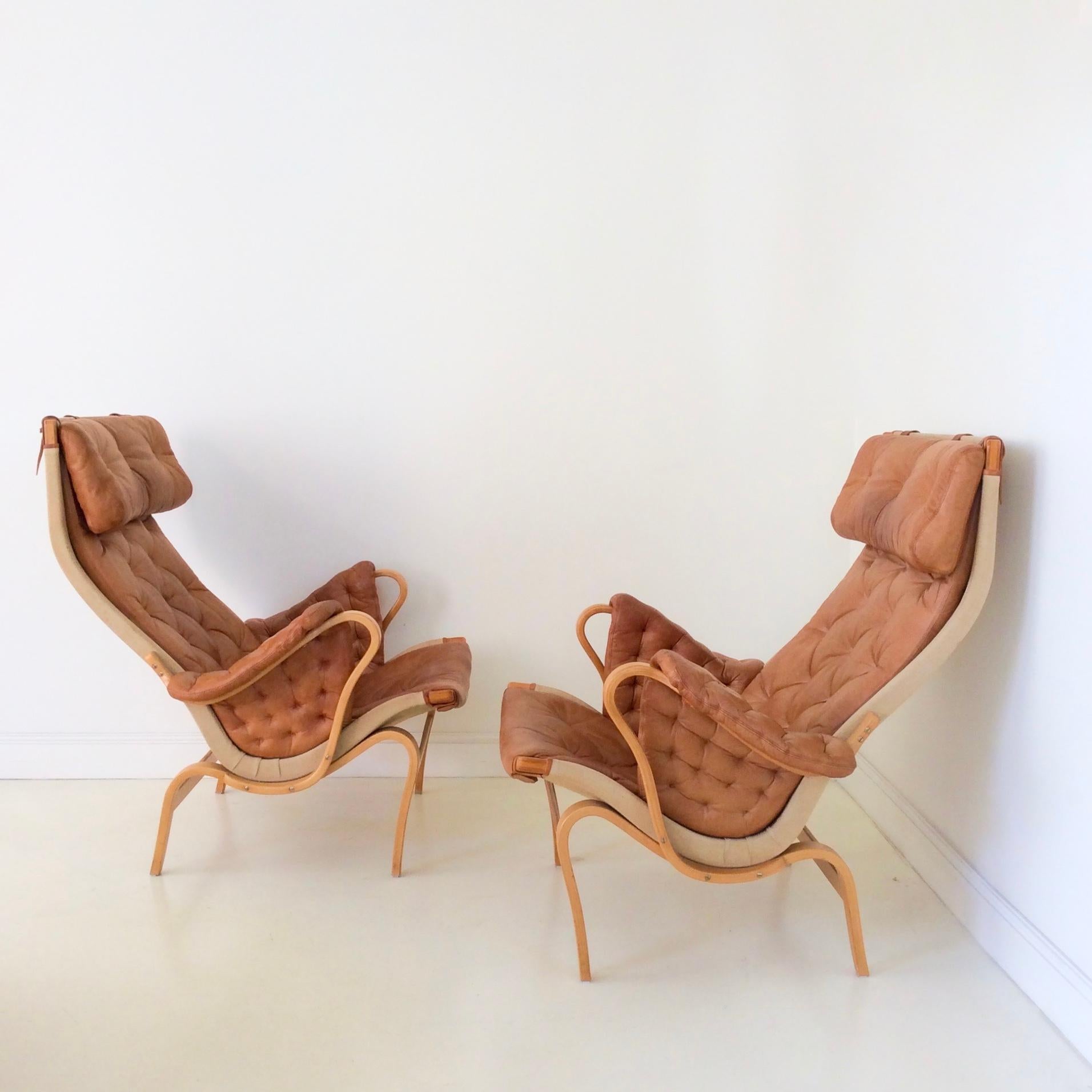 Pair of Cognac Leather Pernilla Armchairs by Bruno Mathsson, Sweden, circa 1970 8