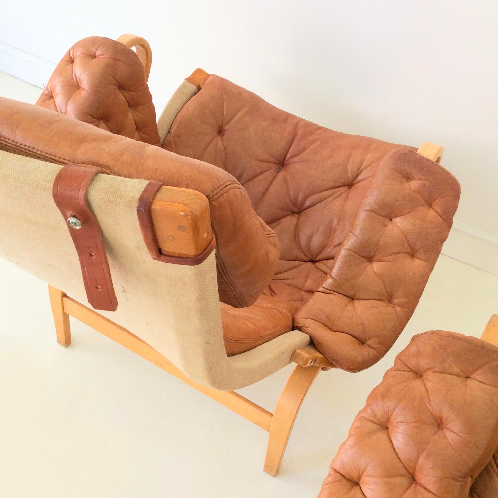 Pair of Cognac Leather Pernilla Armchairs by Bruno Mathsson, Sweden, circa 1970 1