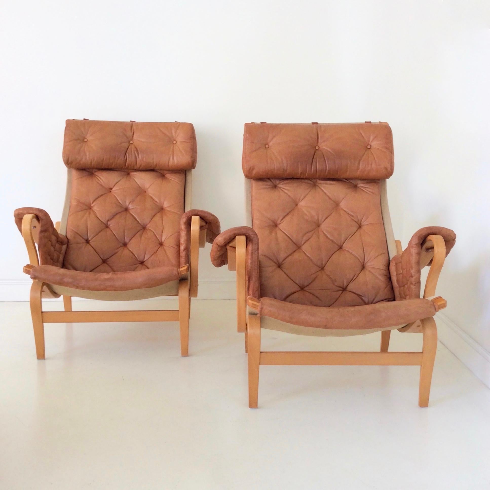 Pair of Cognac Leather Pernilla Armchairs by Bruno Mathsson, Sweden, circa 1970 2