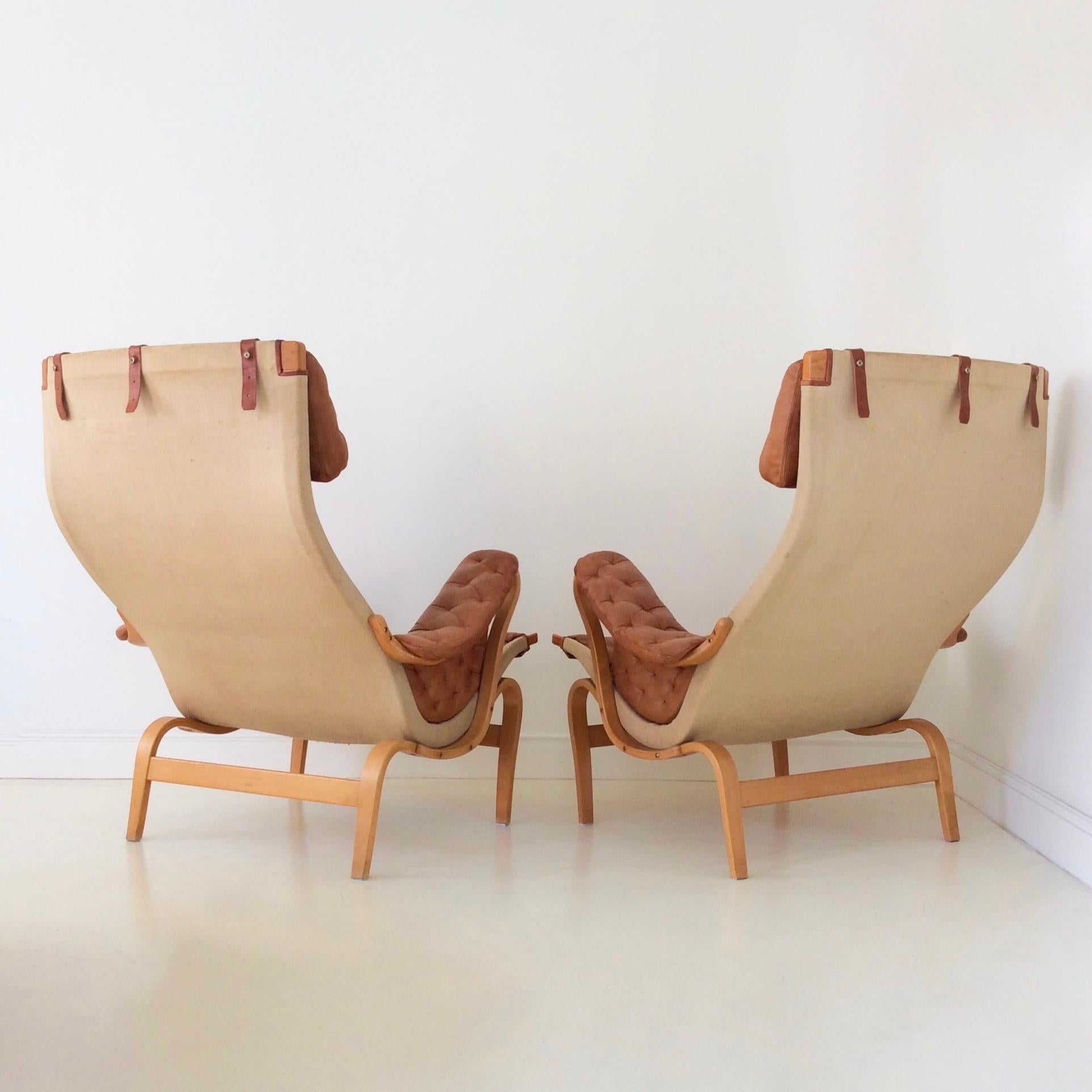 Pair of Cognac Leather Pernilla Armchairs by Bruno Mathsson, Sweden, circa 1970 3