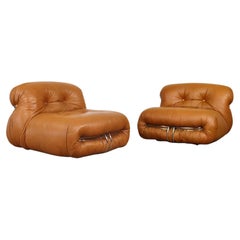 Pair of Cognac Leather Soriana Lounge Chairs by Afra and Tobia Scarpa for Cassin