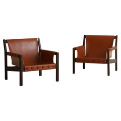 Pair of Cognac Leather Studded Slingback Lounge Chairs, France 1970s