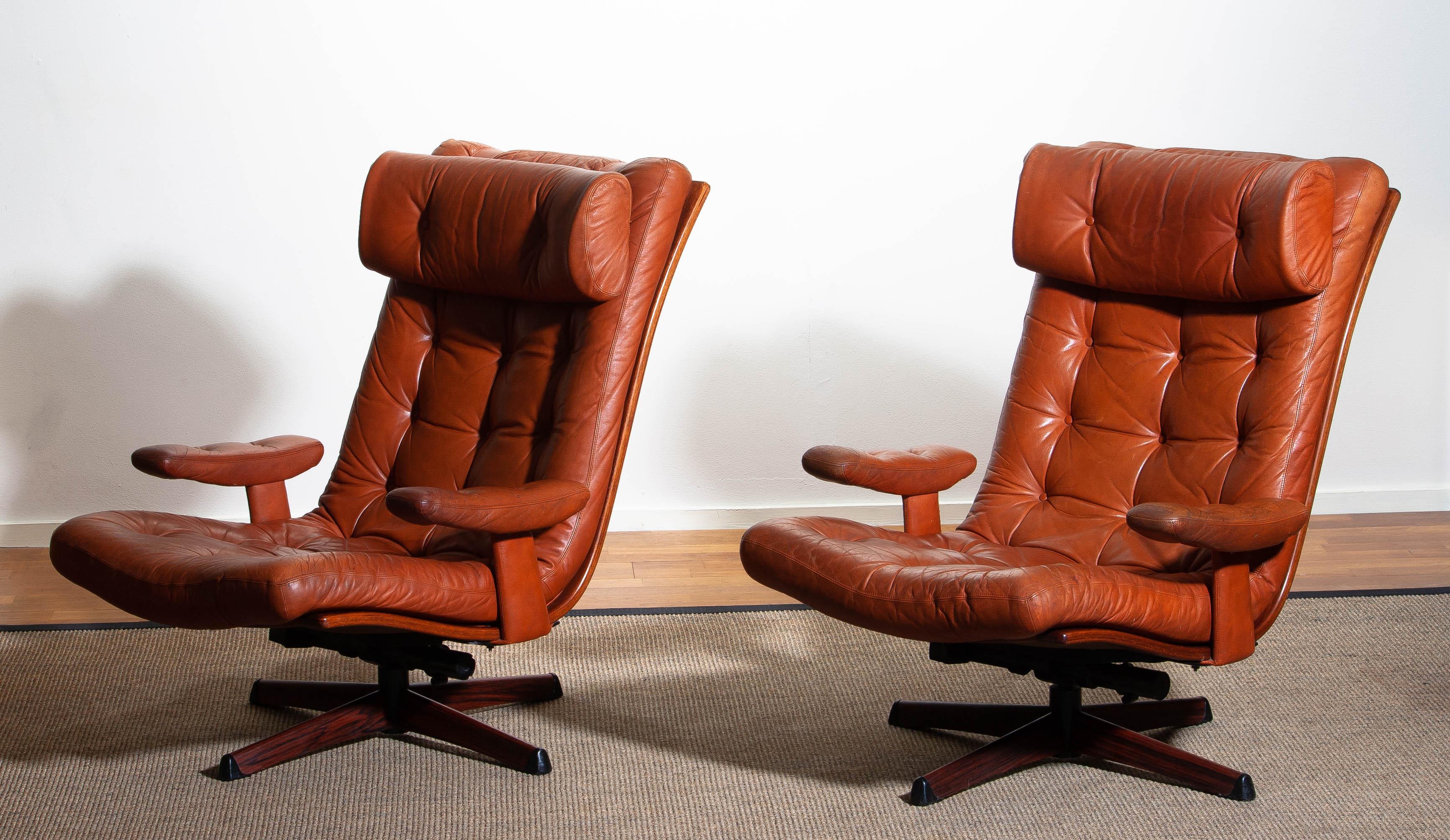 Pair of Cognac Leather Swivel / Relax Lounge Easy Chairs by Göte Design Nässjö 4