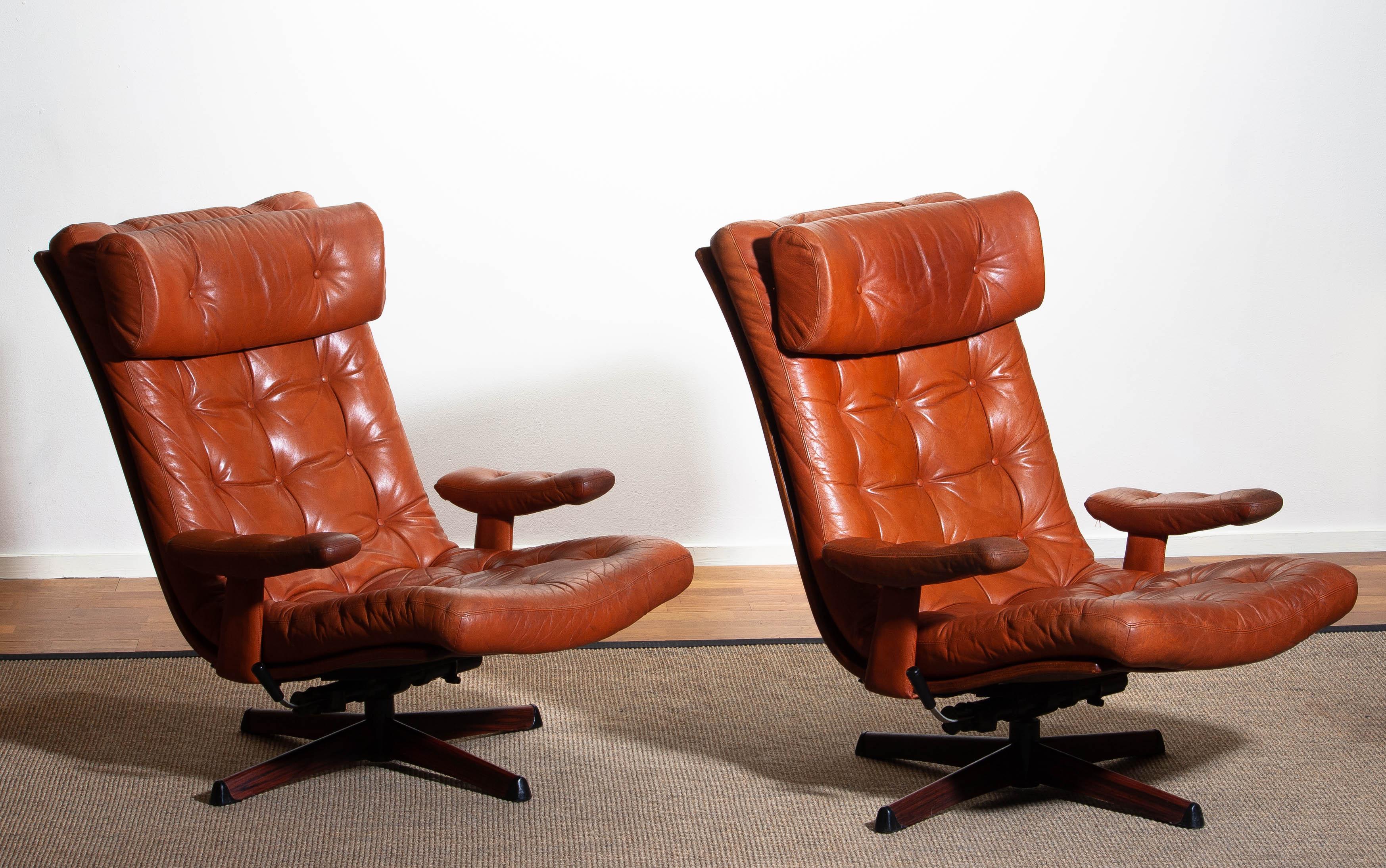 Pair of Cognac Leather Swivel / Relax Lounge Easy Chairs by Göte Design Nässjö 1