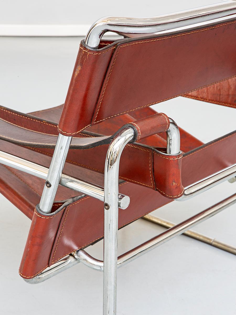 Metal Pair of Cognac Leather Wassily Armchairs by Marcel Breuer, 1968