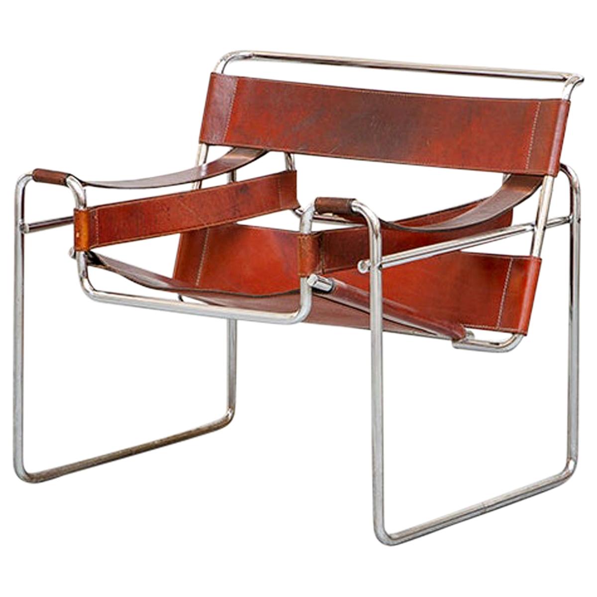 Pair of Cognac Leather Wassily Armchairs by Marcel Breuer, 1968