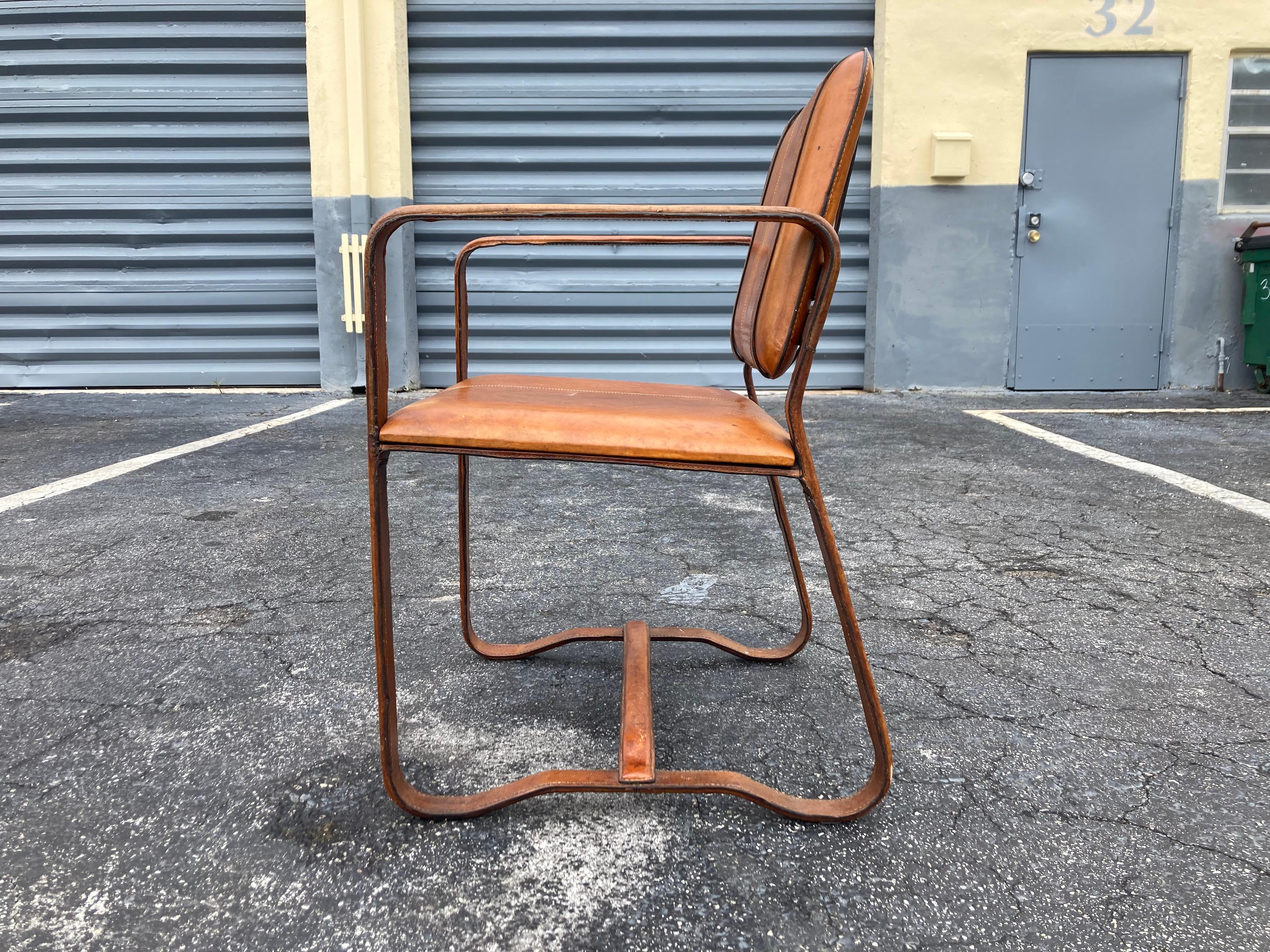 Pair of Cognac Leather Wrapped Arm Chairs in the style of Jacques Adnet 6