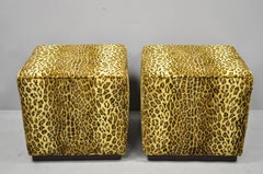 Pair of Colby Cube Ottoman Stools Leopard Cheetah Print Fabric by Barclay Butera