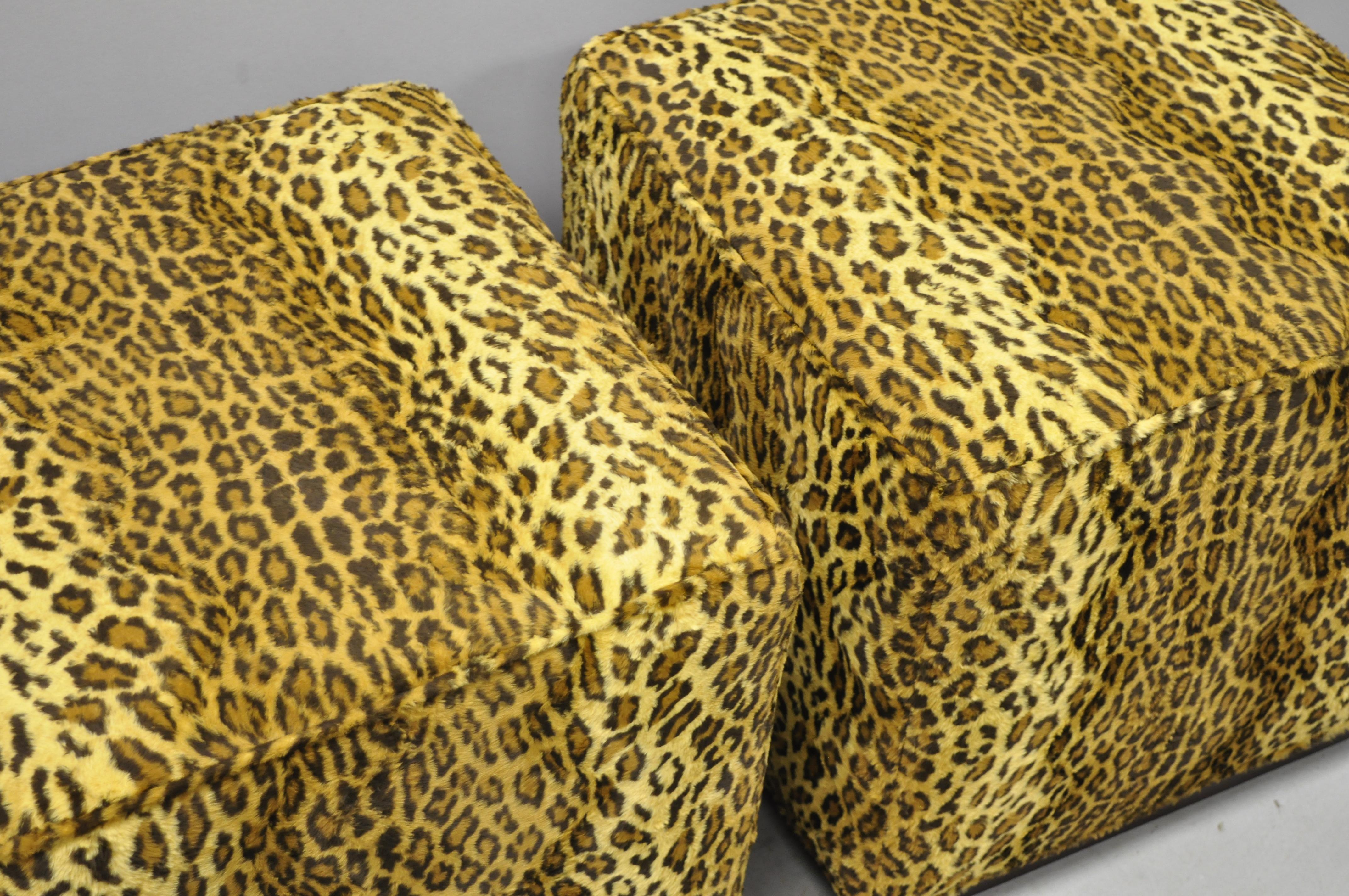 Pair of Colby Cube Ottoman Stools Leopard Cheetah Print Fabric by Barclay Butera In Good Condition In Philadelphia, PA