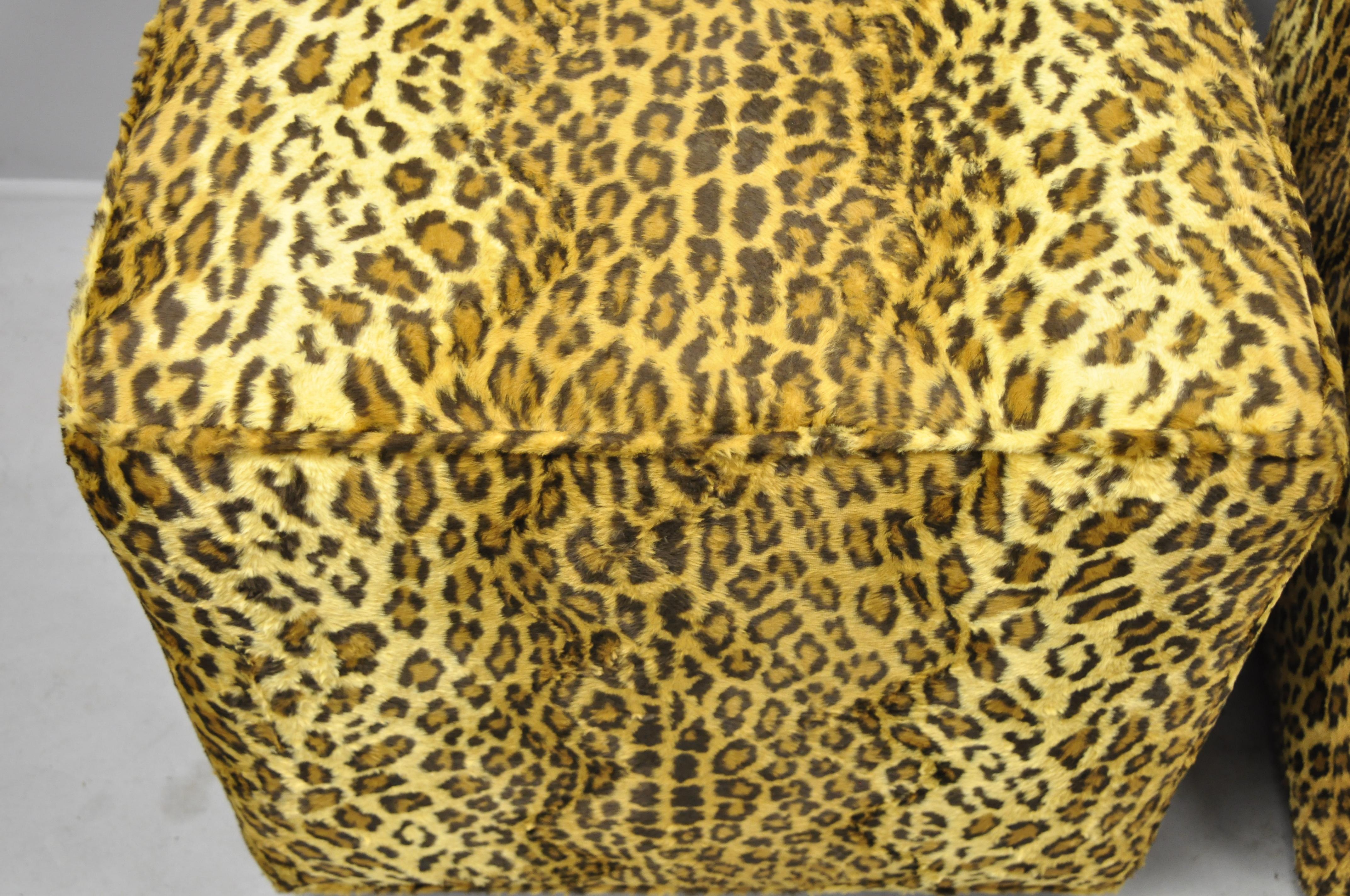 Hollywood Regency Pair of Colby Cube Ottoman Stools Leopard Cheetah Print Fabric by Barclay Butera