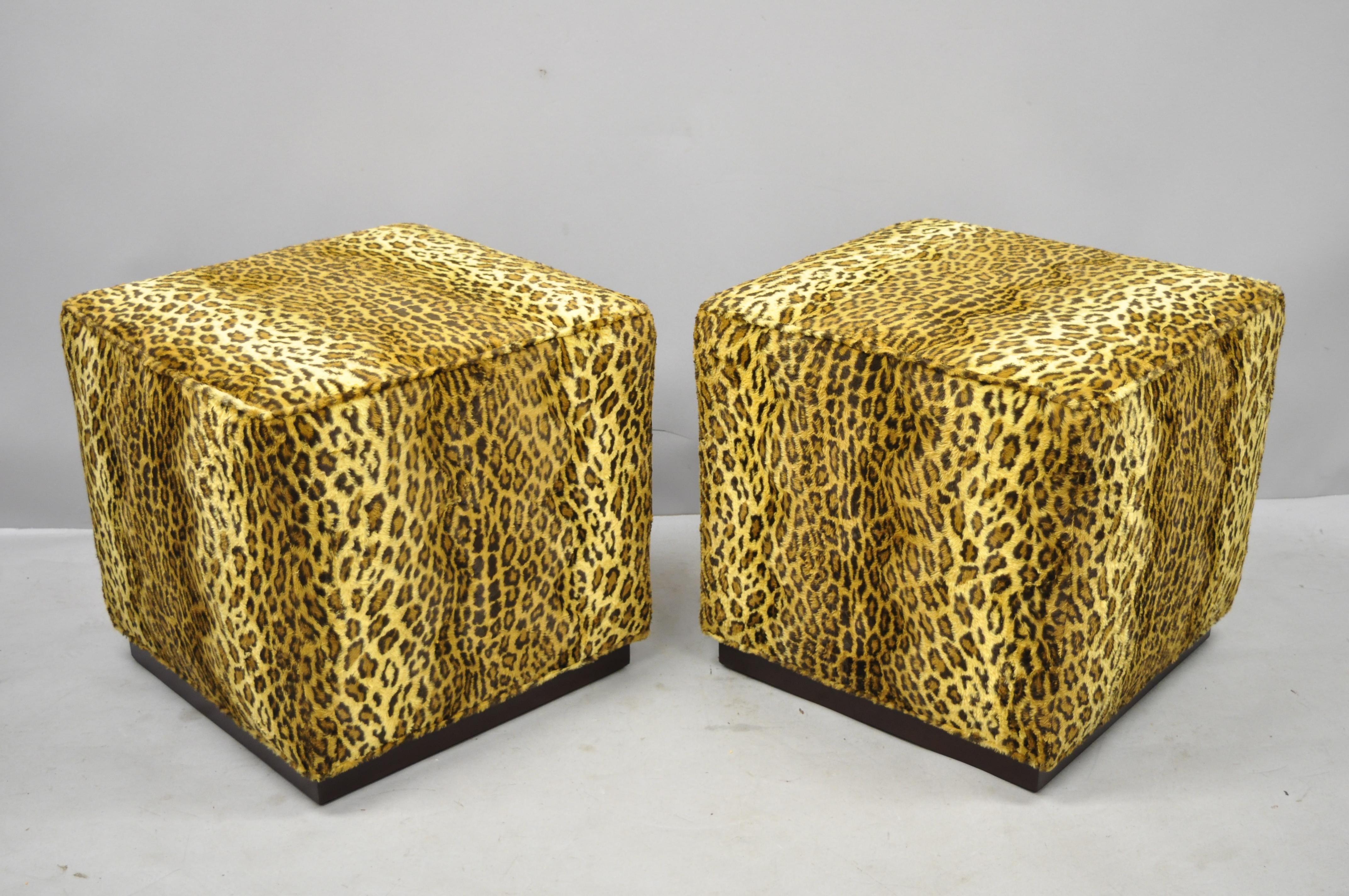 Pair of Colby Cube Ottoman Stools Leopard Cheetah Print Fabric by Barclay Butera 1