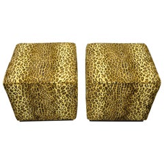 Pair of Colby Cube Ottoman Stools Leopard Cheetah Print Fabric by Barclay Butera