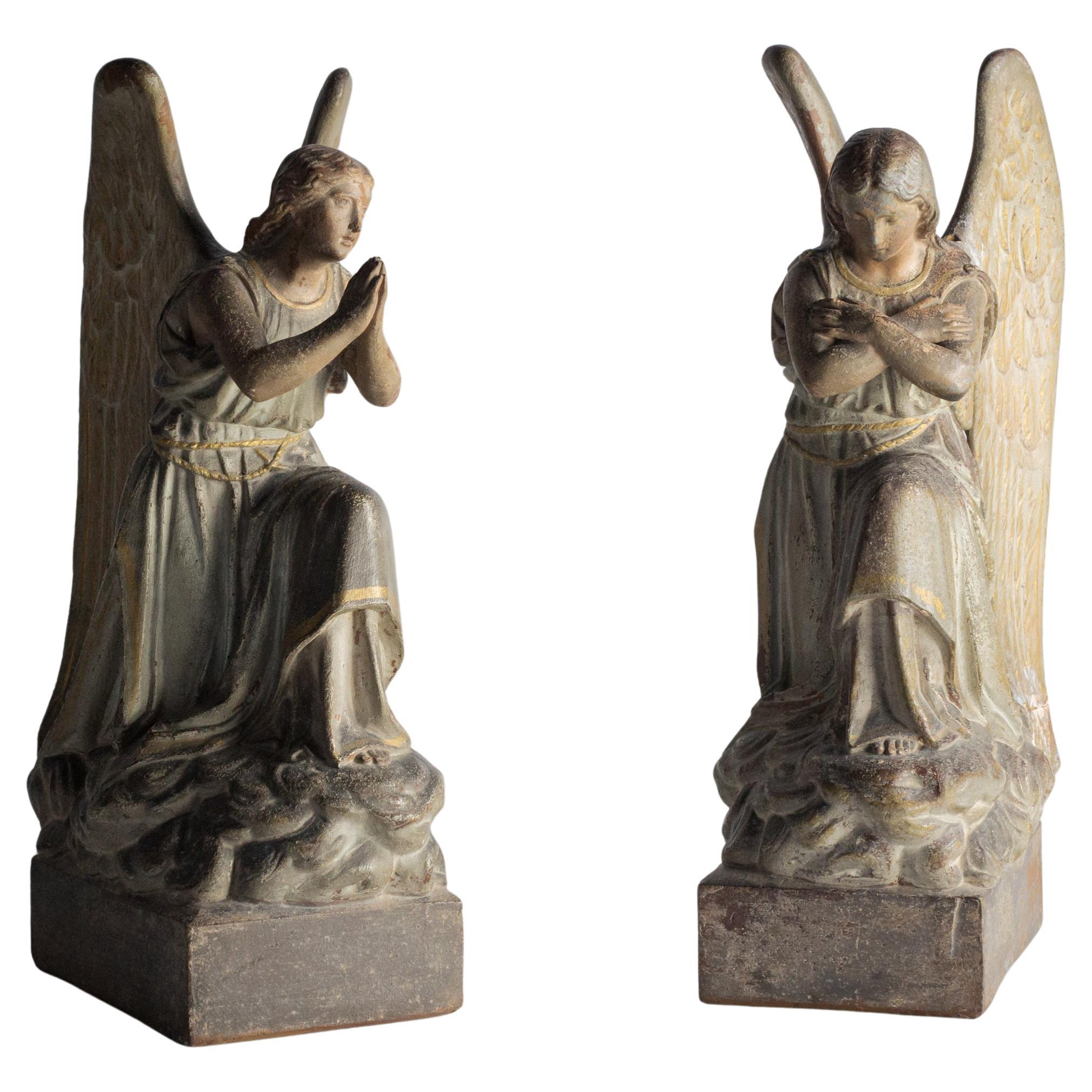 Pair of Cold Painted 19th Century Terracotta Angels in Original Paint