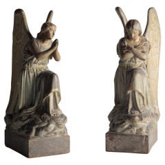 Pair of Cold Painted 19th Century Terracotta Angels in Original Paint