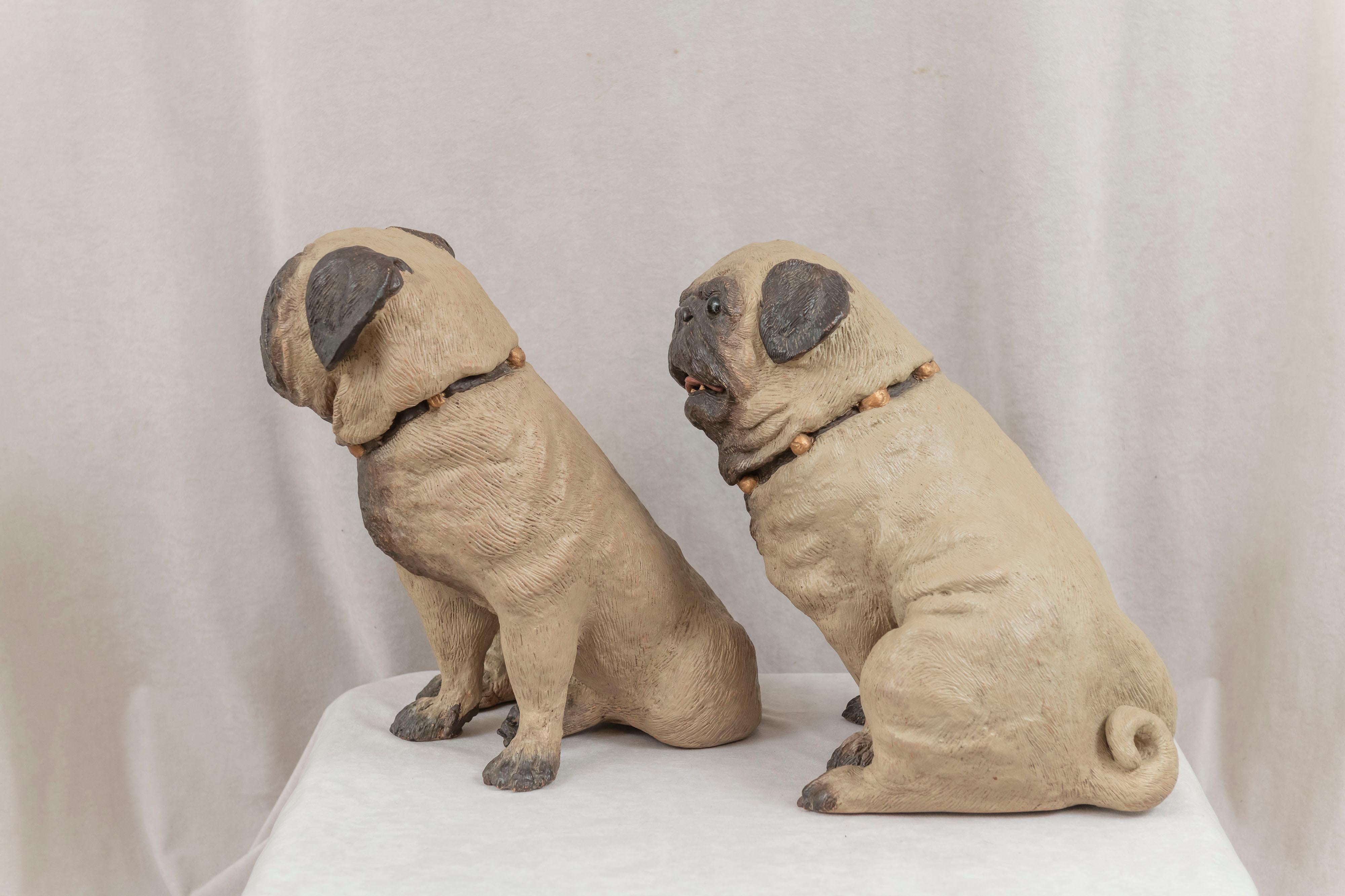 Pair of Cold Painted Austrian Life Size Terracotta Pug Dogs, ca. 1890 For Sale 1